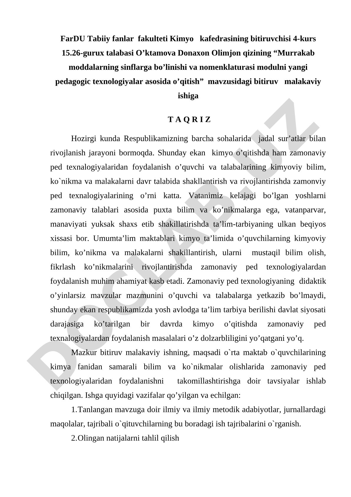 Murrakab moddalarning sinflarga bo’linishi va nomenklaturasi modulni yangi pedagogic texnologiyalar asosida o’qitish