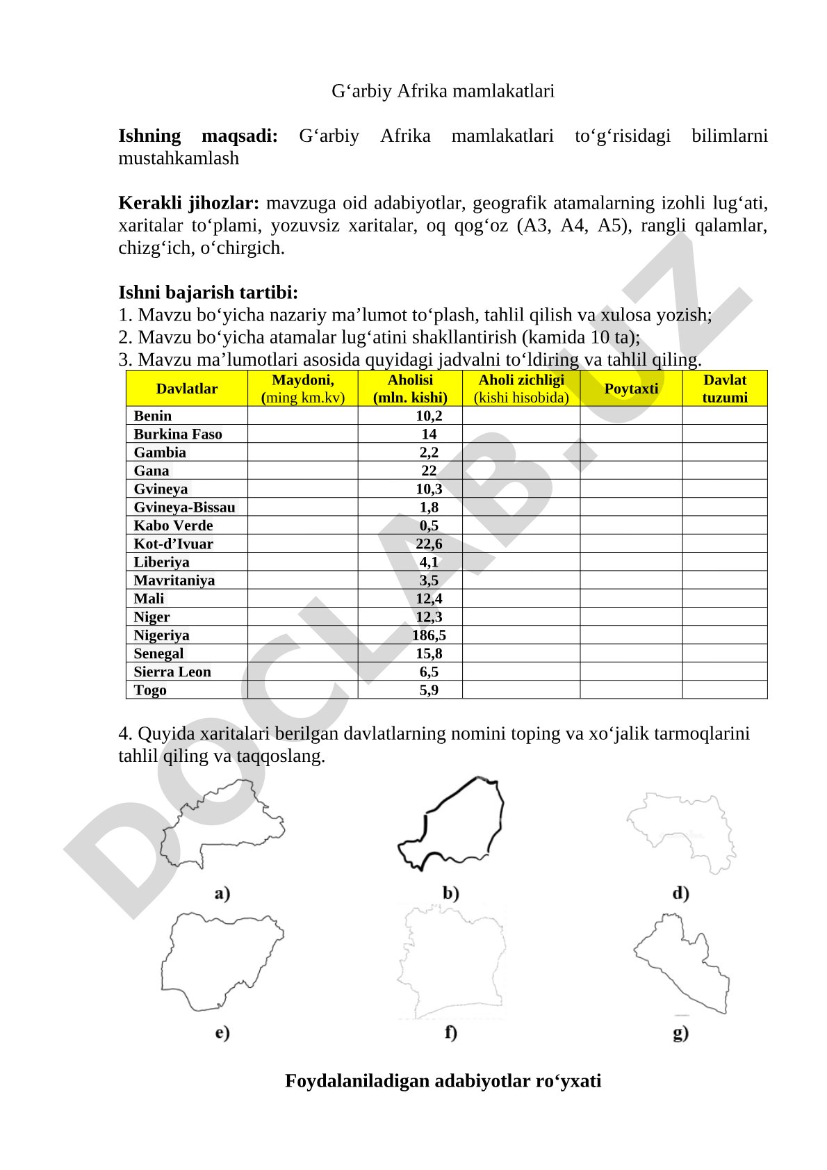 Gʻarbiy Afrika davlatlarining maydoni, aholisi, poytaxtlari va xoʻjalik tarmoqlari