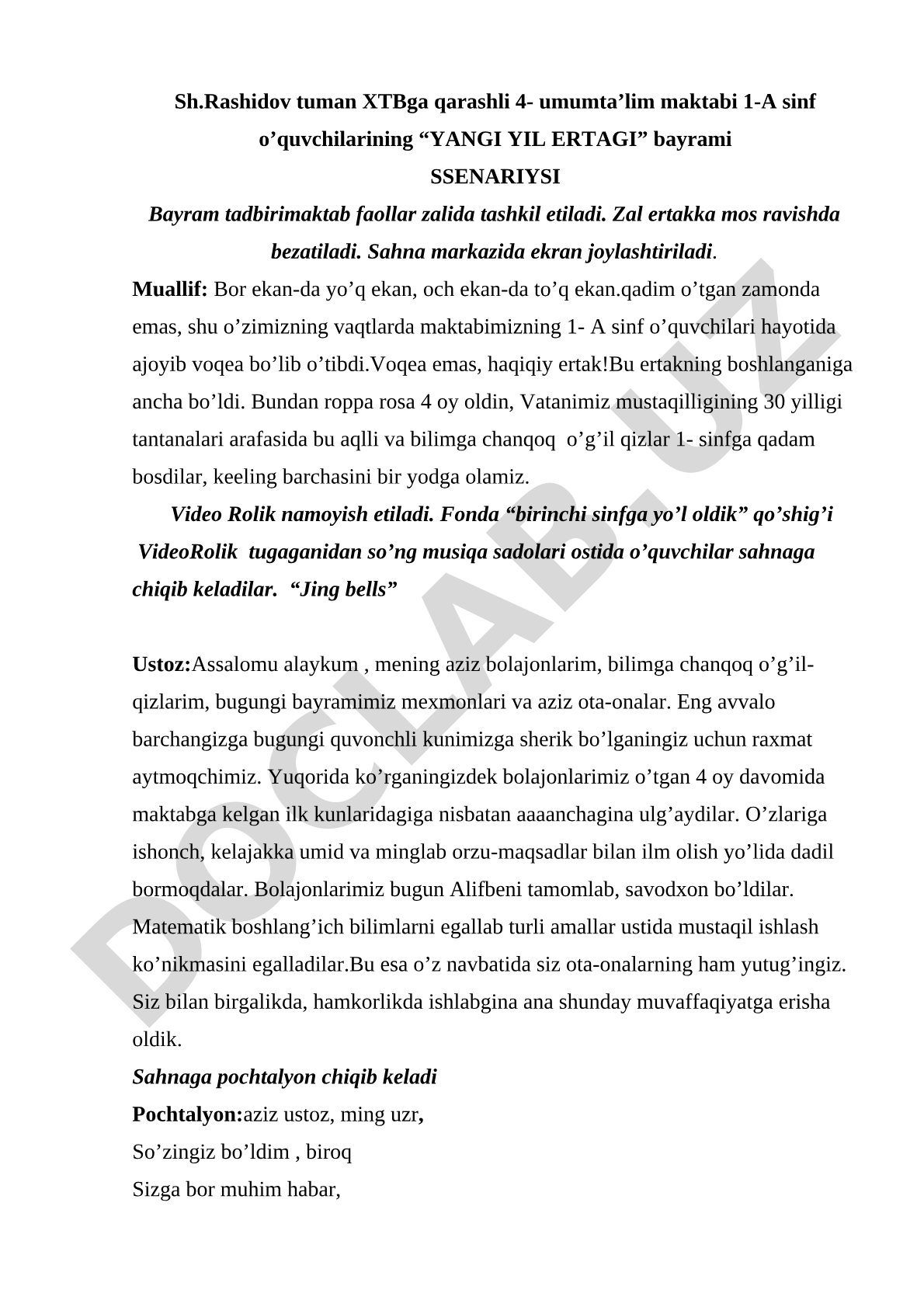 1-A sinf o'quvchilari uchun Yangi yil ertagi bayrami ssenariysi