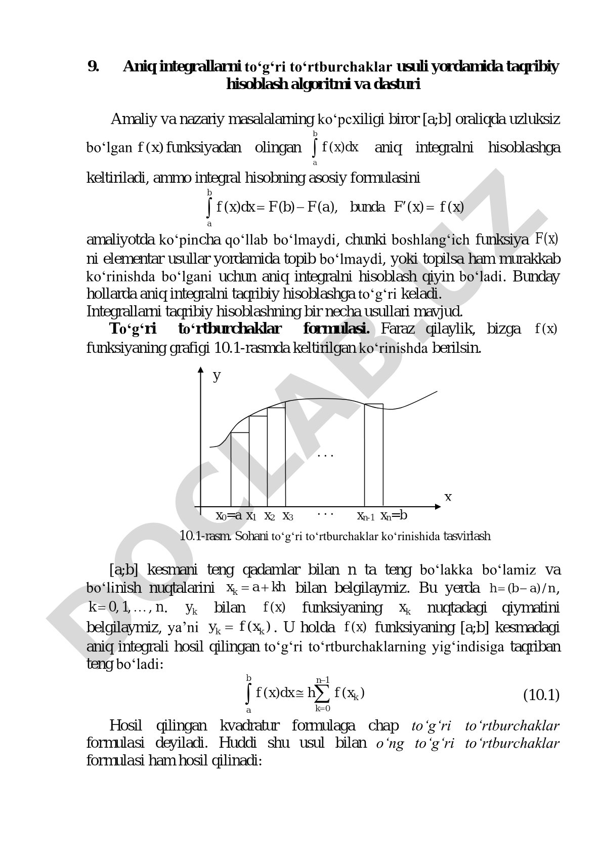 Aniq integrallarni to‘g‘ri to‘rtburchaklar usuli yordamida taqribiy hisoblash algoritmi va dasturi