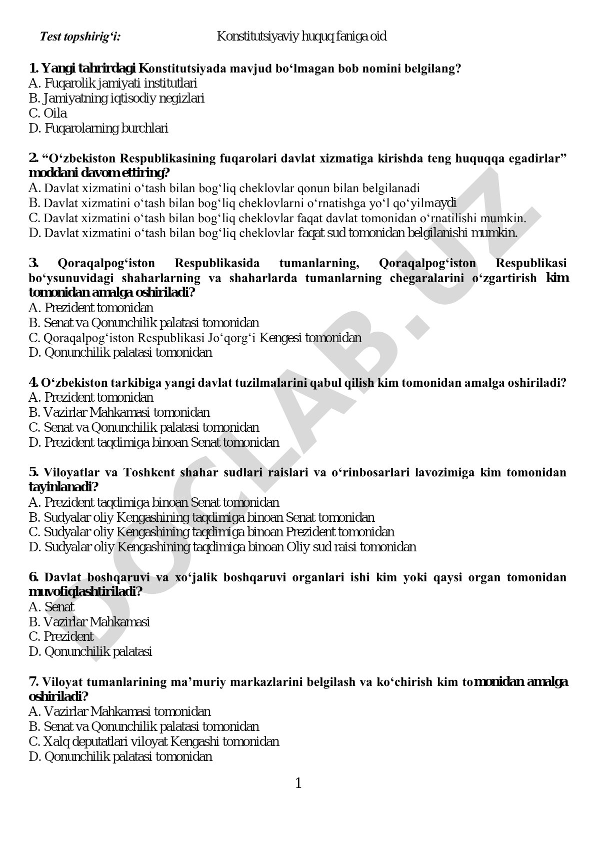 Konstitutsiyaviy huquq fanidan test topshiriqlari