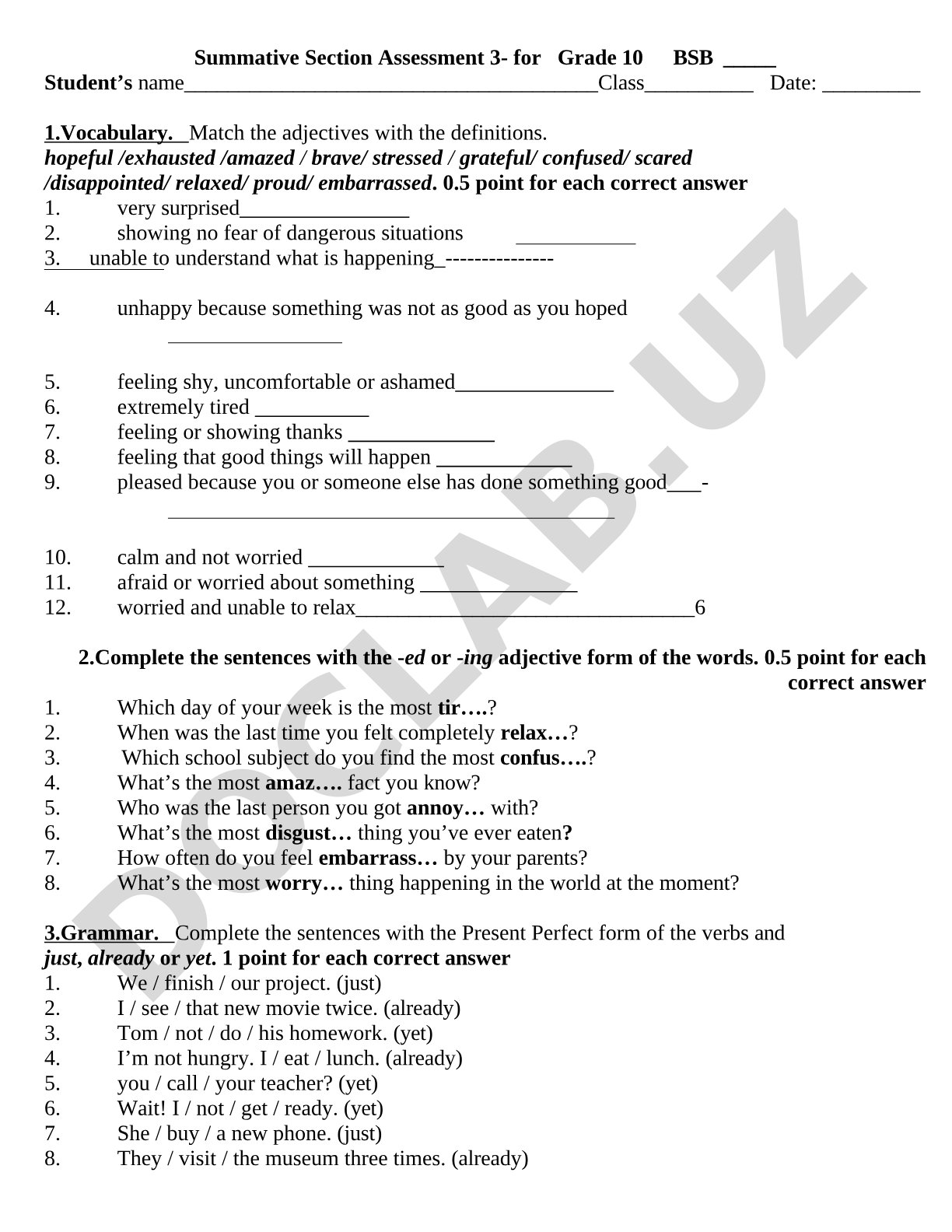 English Vocabulary and Adjective Forms Assessment for Grade 10