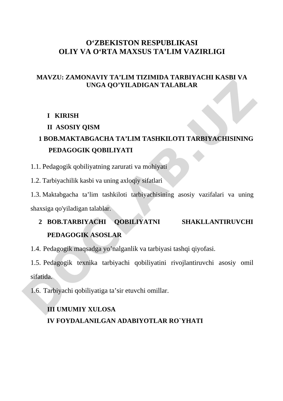 Zamonaviy ta'lim tizimida tarbiyachi kasbi va unga qo'yiladigan talablar