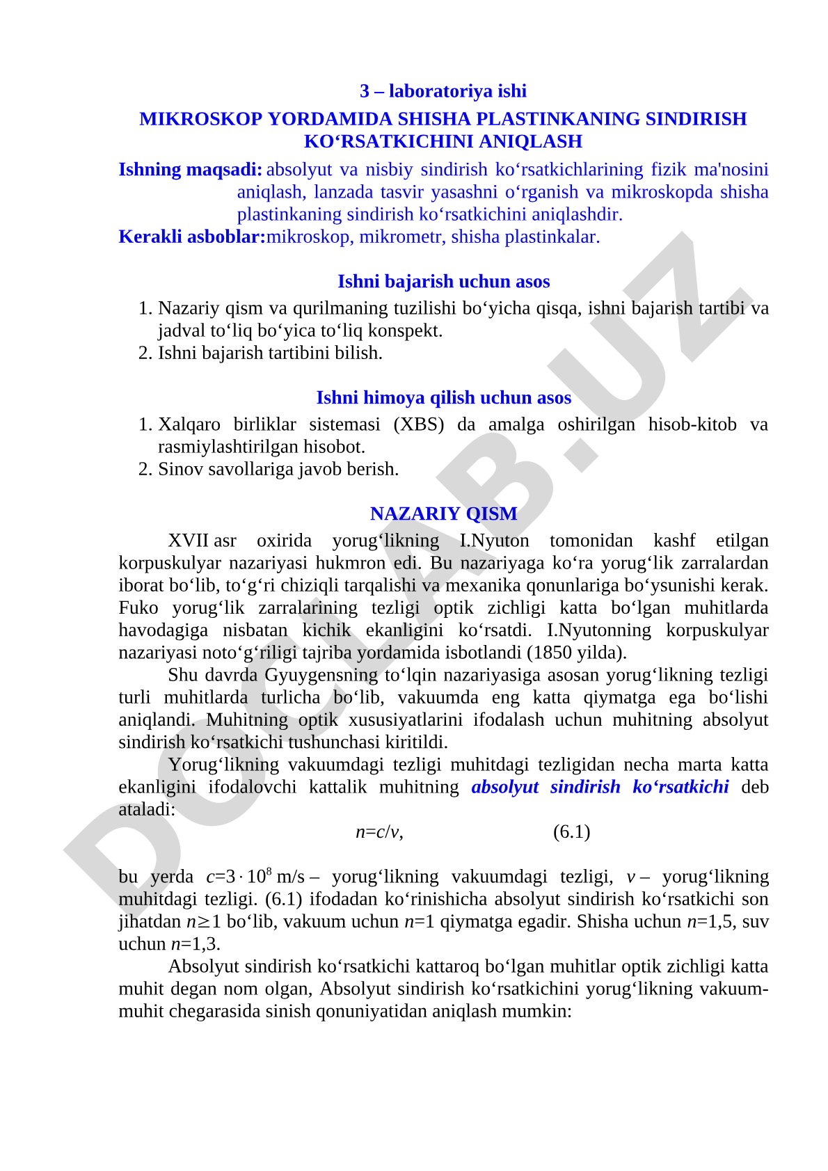 Mikroskop yordamida shisha plastinkaning sindirish ko‘rsatkichini aniqlash