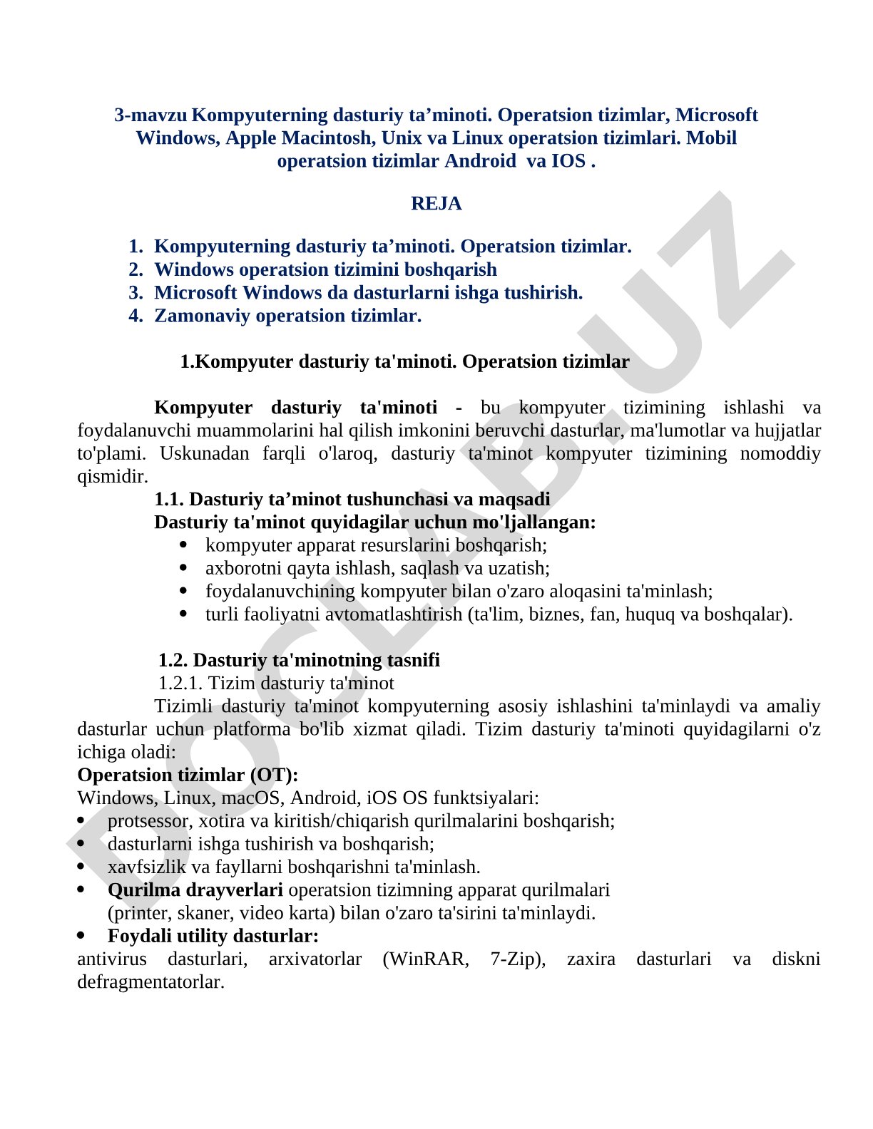 Kompyuterning dasturiy ta’minoti va operatsion tizimlar