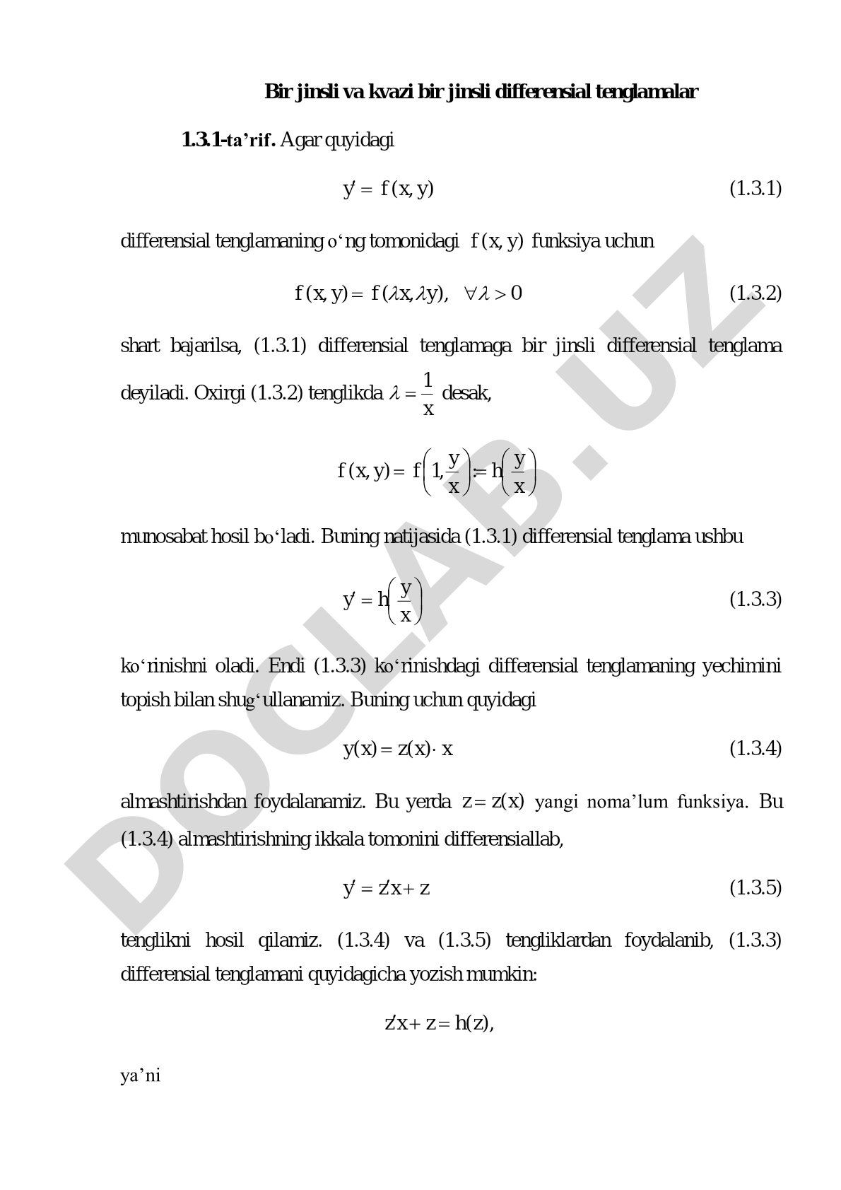 Bir jinsli va kvazi bir jinsli differensial tenglamalar