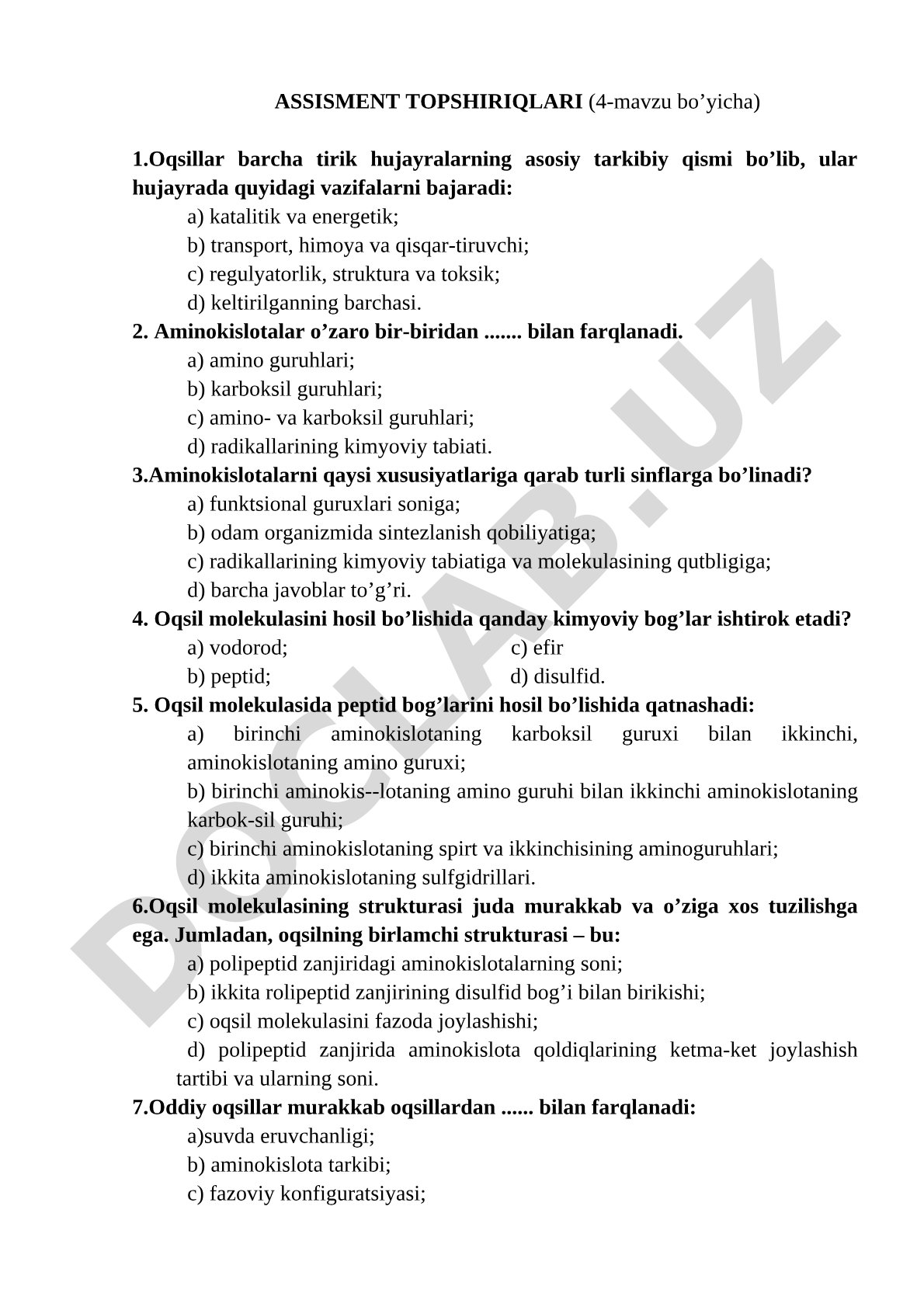 Oqsillar va aminokislotalar haqida test savollari