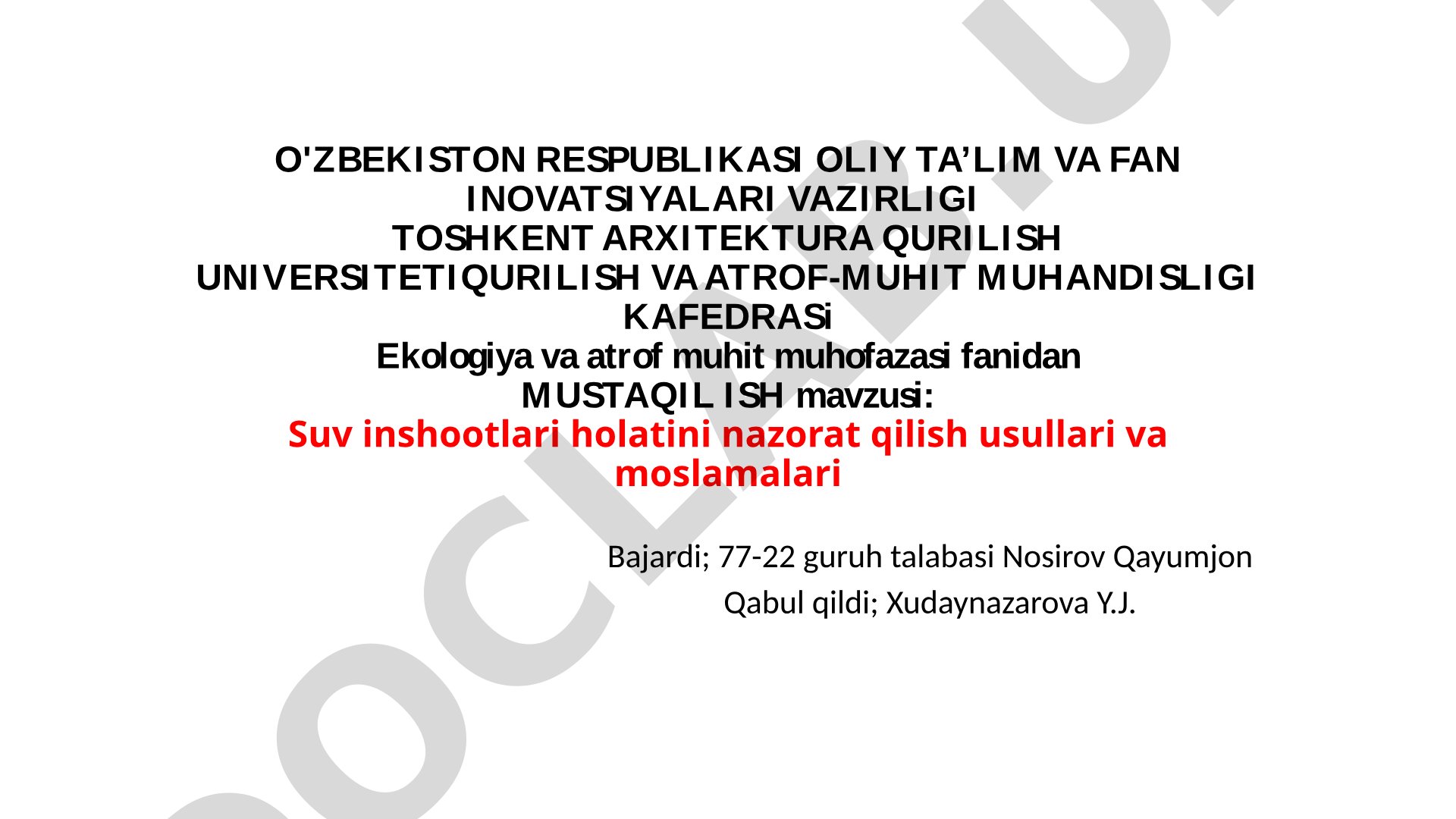 Suv inshootlari holatini nazorat qilish usullari va moslamalari