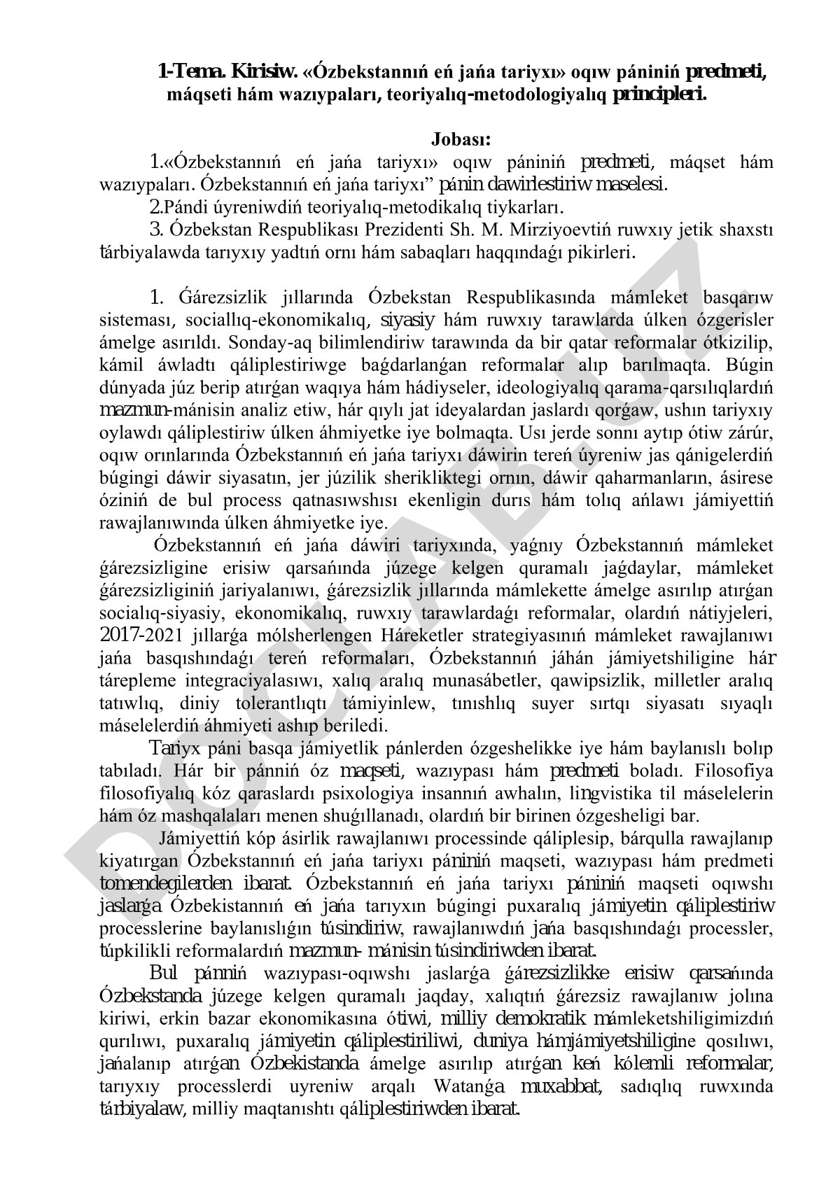 Ózbekstannıń eń jańa tariyxı oqıw pániniń predmeti, máqseti hám wazıypaları