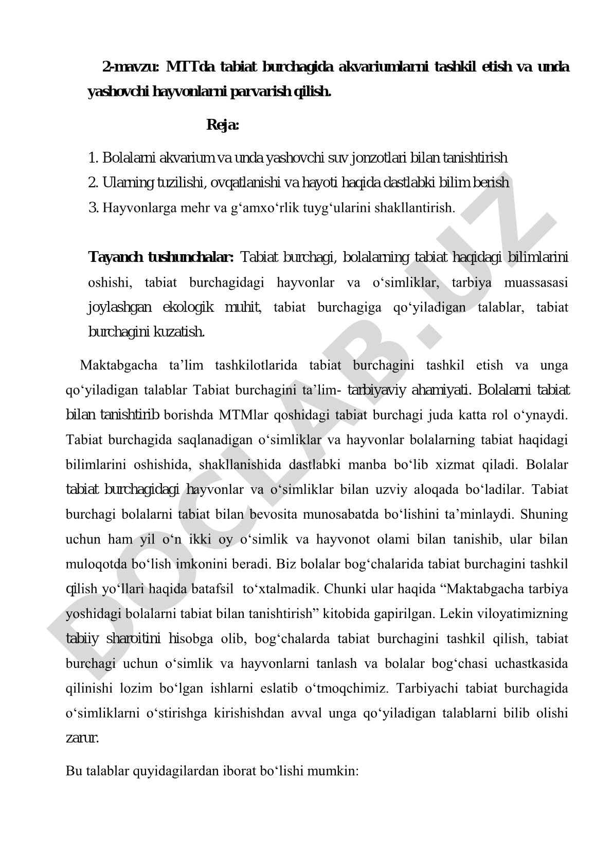 MTTda tabiat burchagida akvariumlarni tashkil etish va unda yashovchi hayvonlarni parvarish qilish