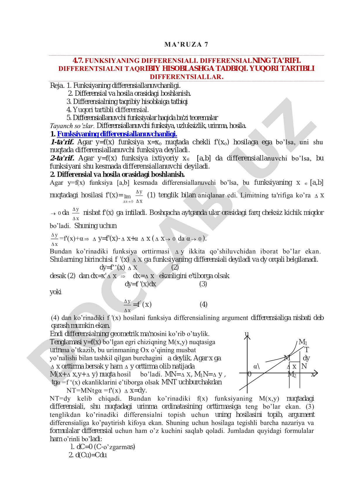 Funksiyaning differensiali va yuqori tartibli differensiallar