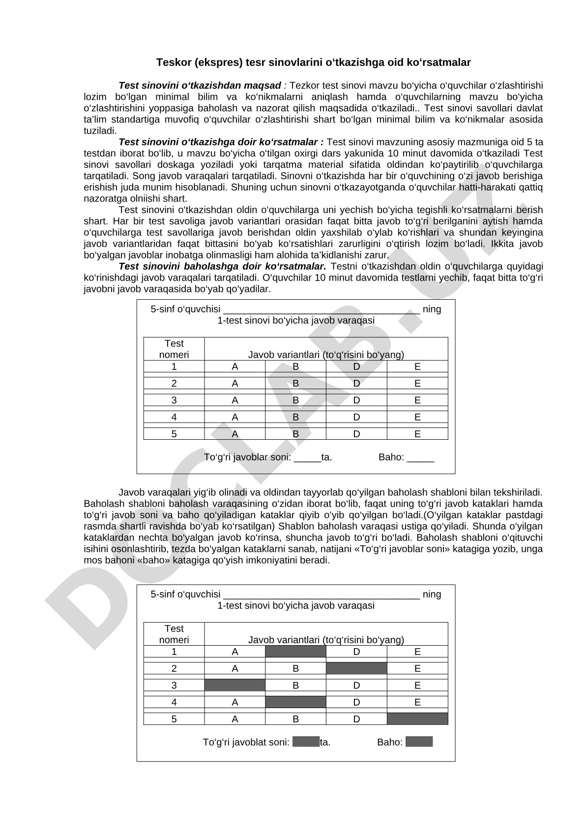 Teskor (ekspres) tesr sinovlarini o‘tkazishga oid ko‘rsatmalar