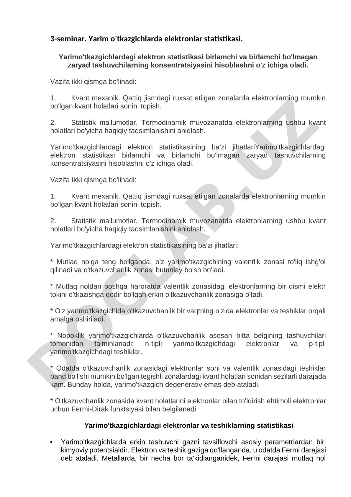 Yarim o'tkazgichlarda elektronlar statistikasi