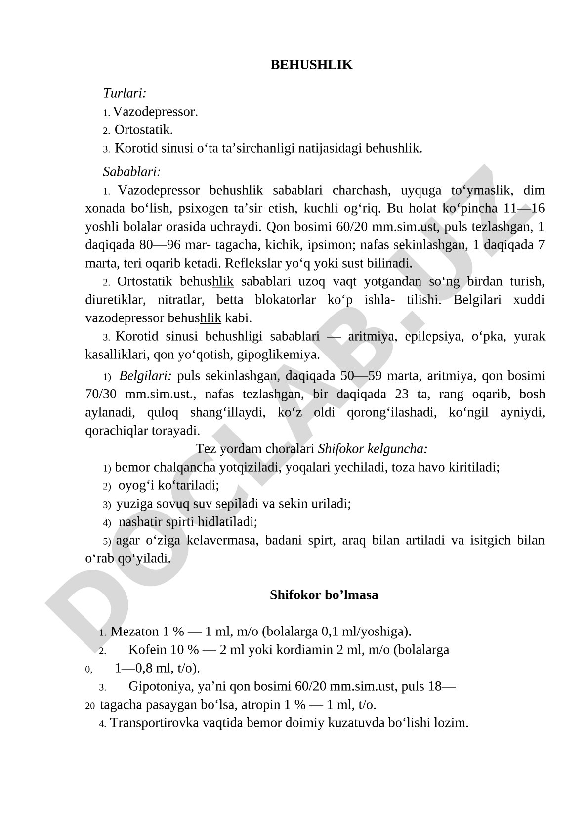 Behushlik turlari: sabablari va belgilari
