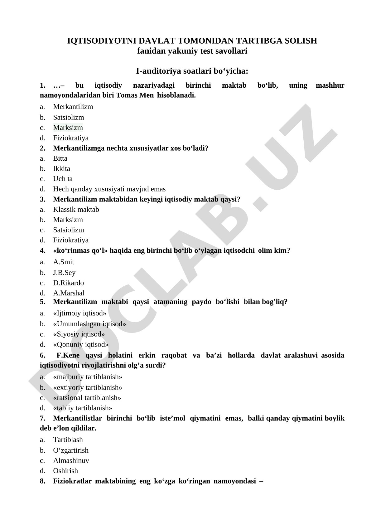 Iqtisodiyotni davlat tomonidan tartibga solish fanidan yakuniy test savollari