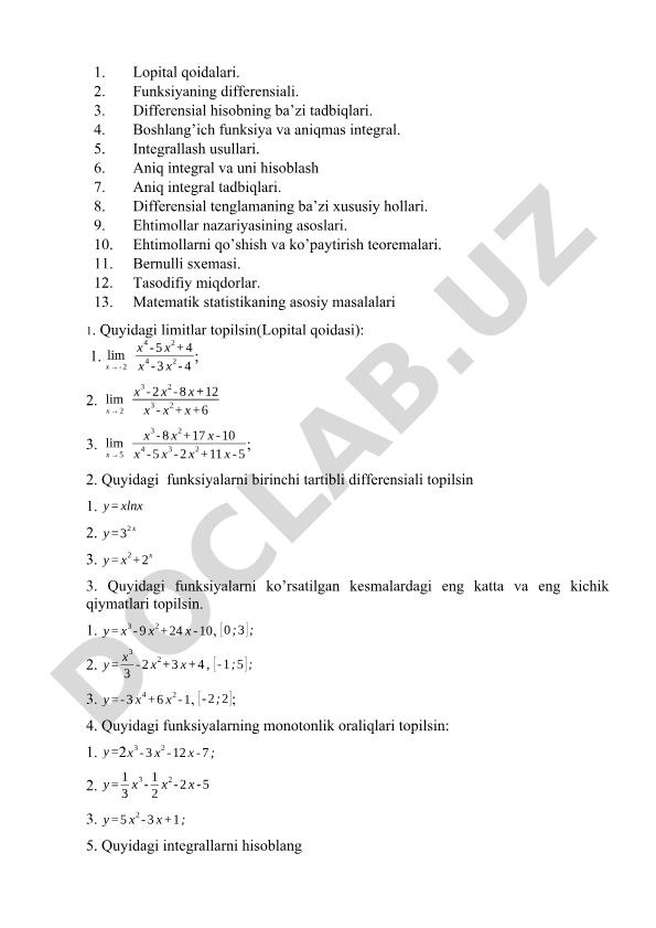 Lopital qoidalari, differensial va integral hisob, ehtimollar nazariyasi