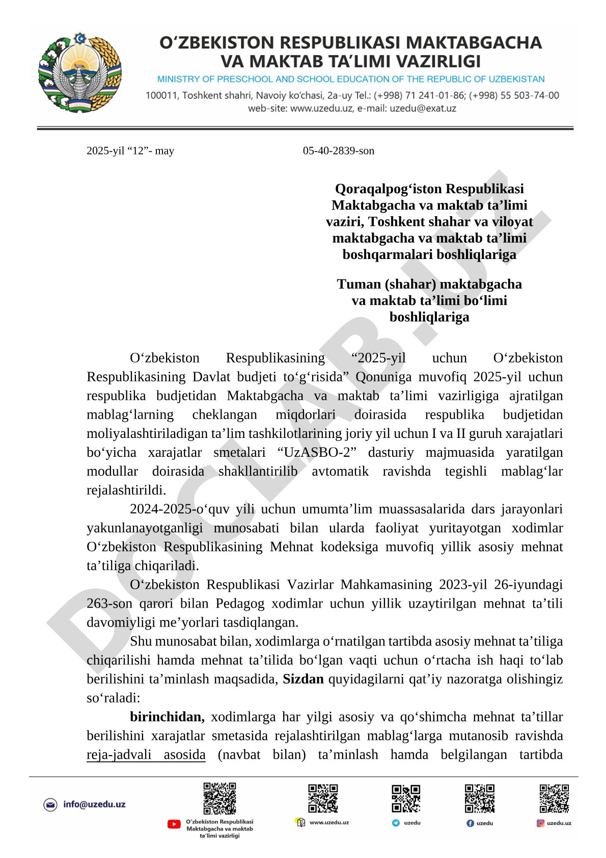 2025-yil ta'lim xarajatlari smetalari va xodimlarning mehnat ta'tillari