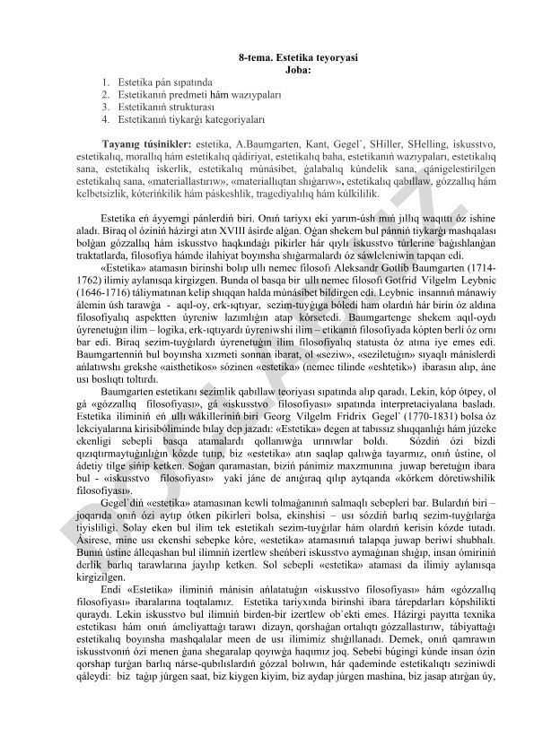 Estetika teoriyası: predmeti, vazifaları, strukturası va kategoriyaları