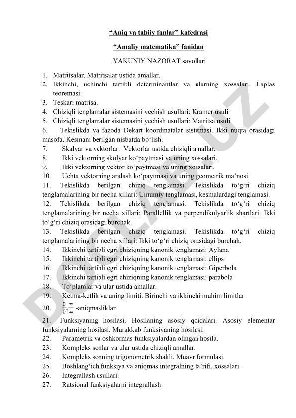 Amaliy matematika fanidan yakuniy nazorat savollari