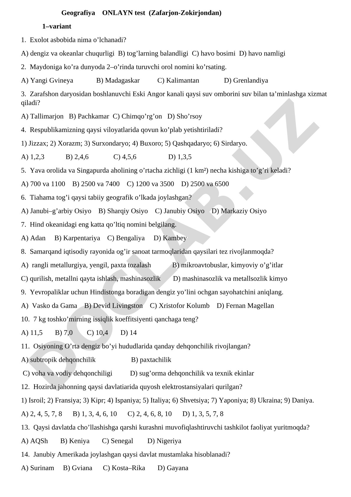 Geografiya Onlayn test (Zafarjon-Zokirjondan) 1–variant