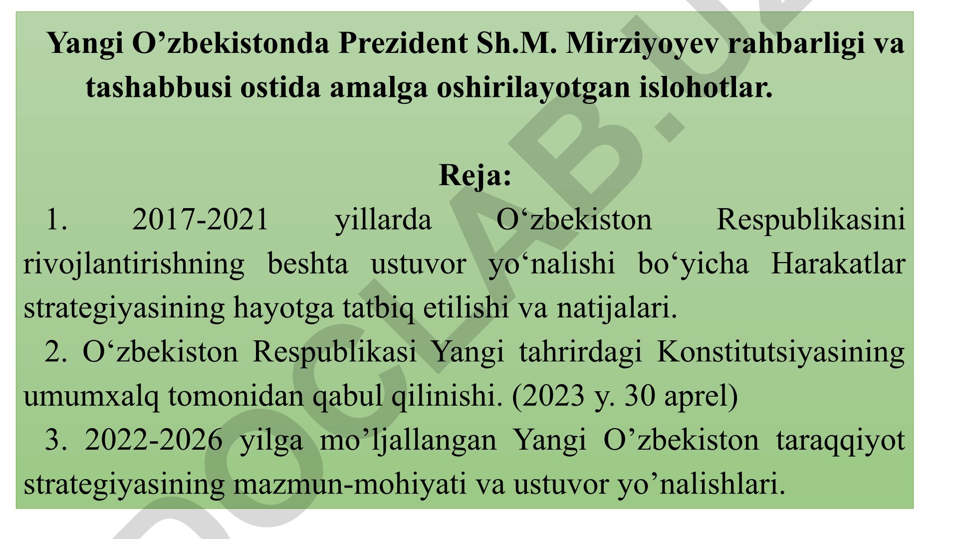 Yangi O'zbekiston islohotlari va Prezident Sh.M. Mirziyoyev faoliyati