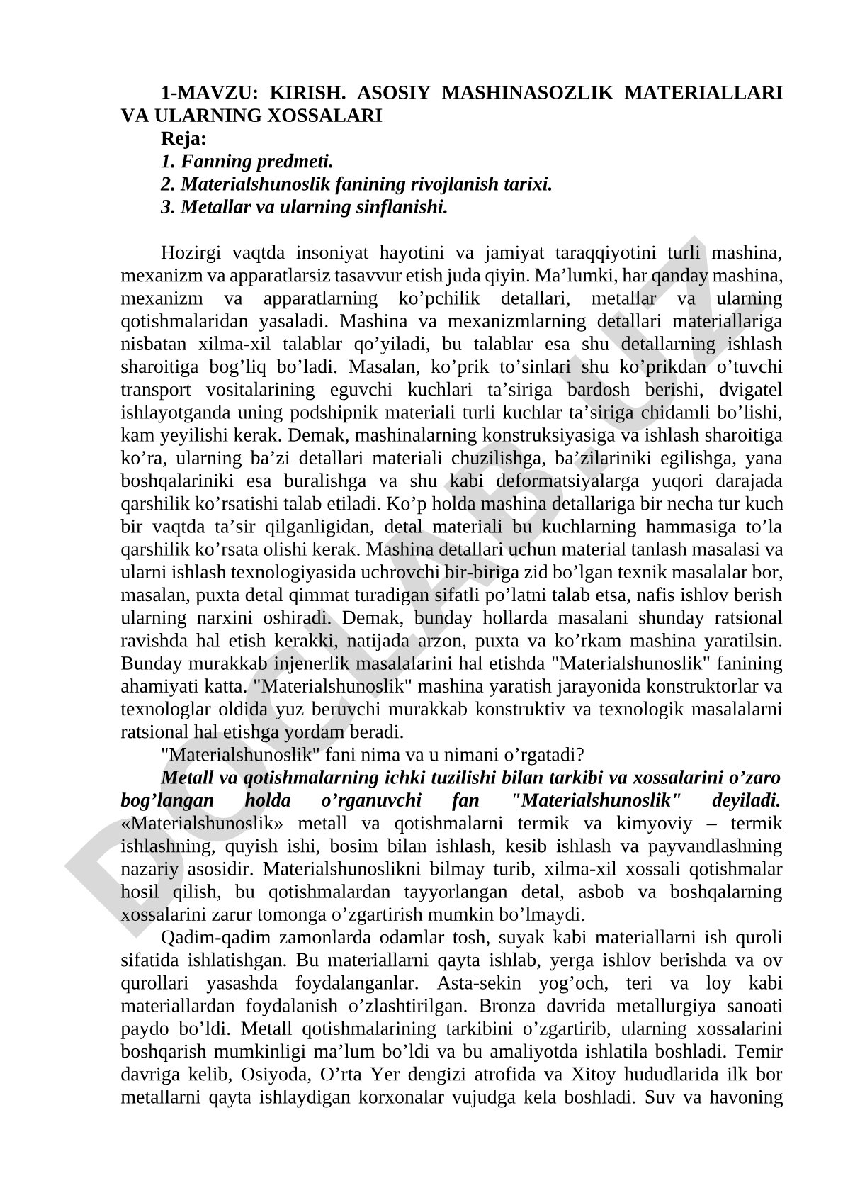 Kirish. Asosiy mashinasozlik materiallari va ularning xossalari