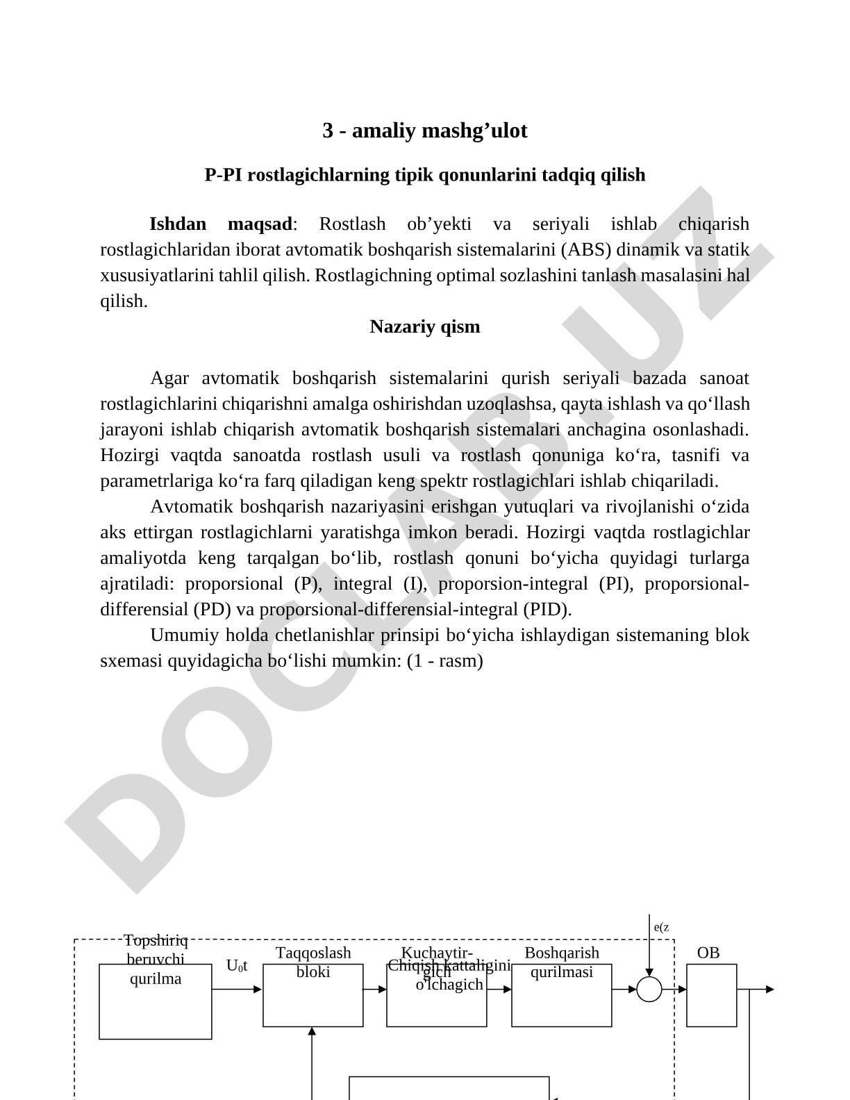 3 - amaliy mashg’ulot P-PI rostlagichlarning tipik qonunlarini tadqiq qilish