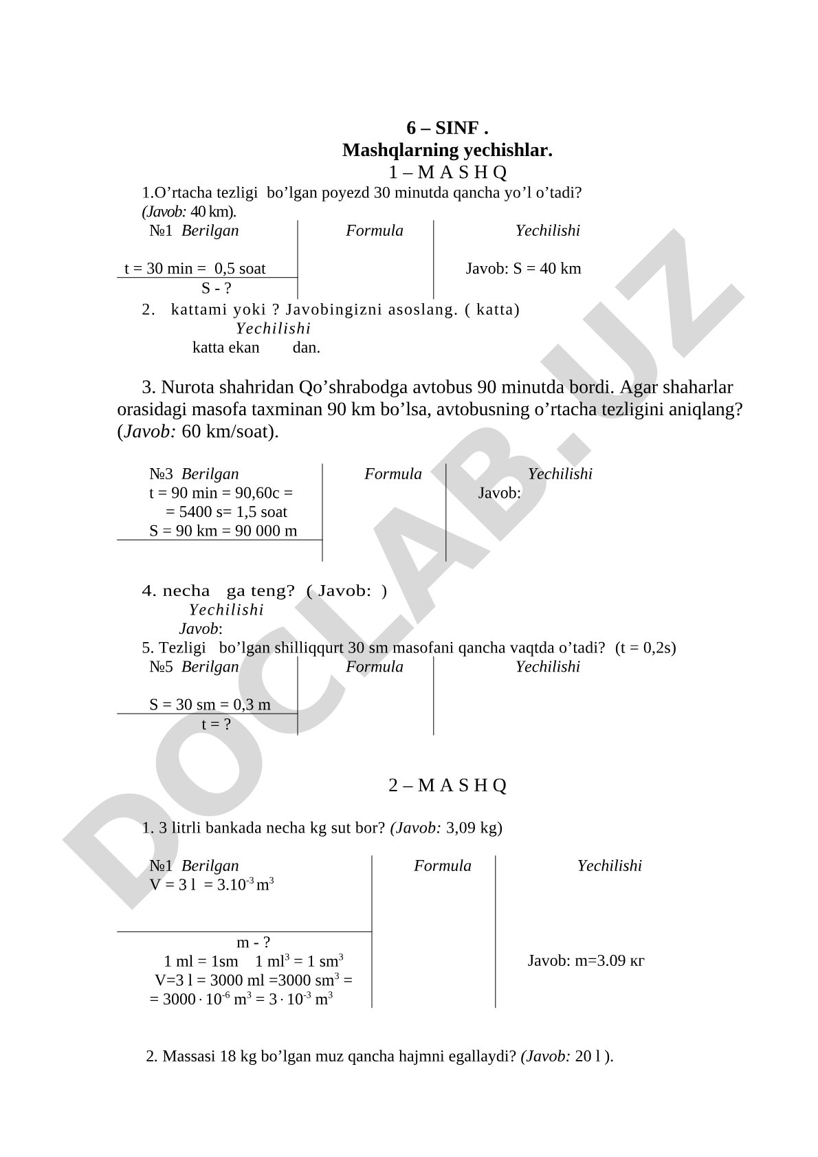 6-sinf Mashqlarning yechishlar
