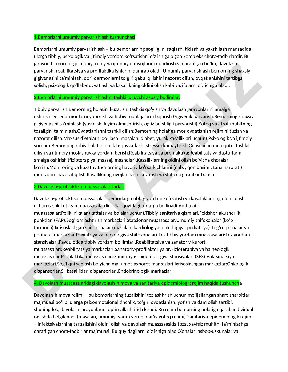 Bemorlarni umumiy parvarishlash tushunchasi
