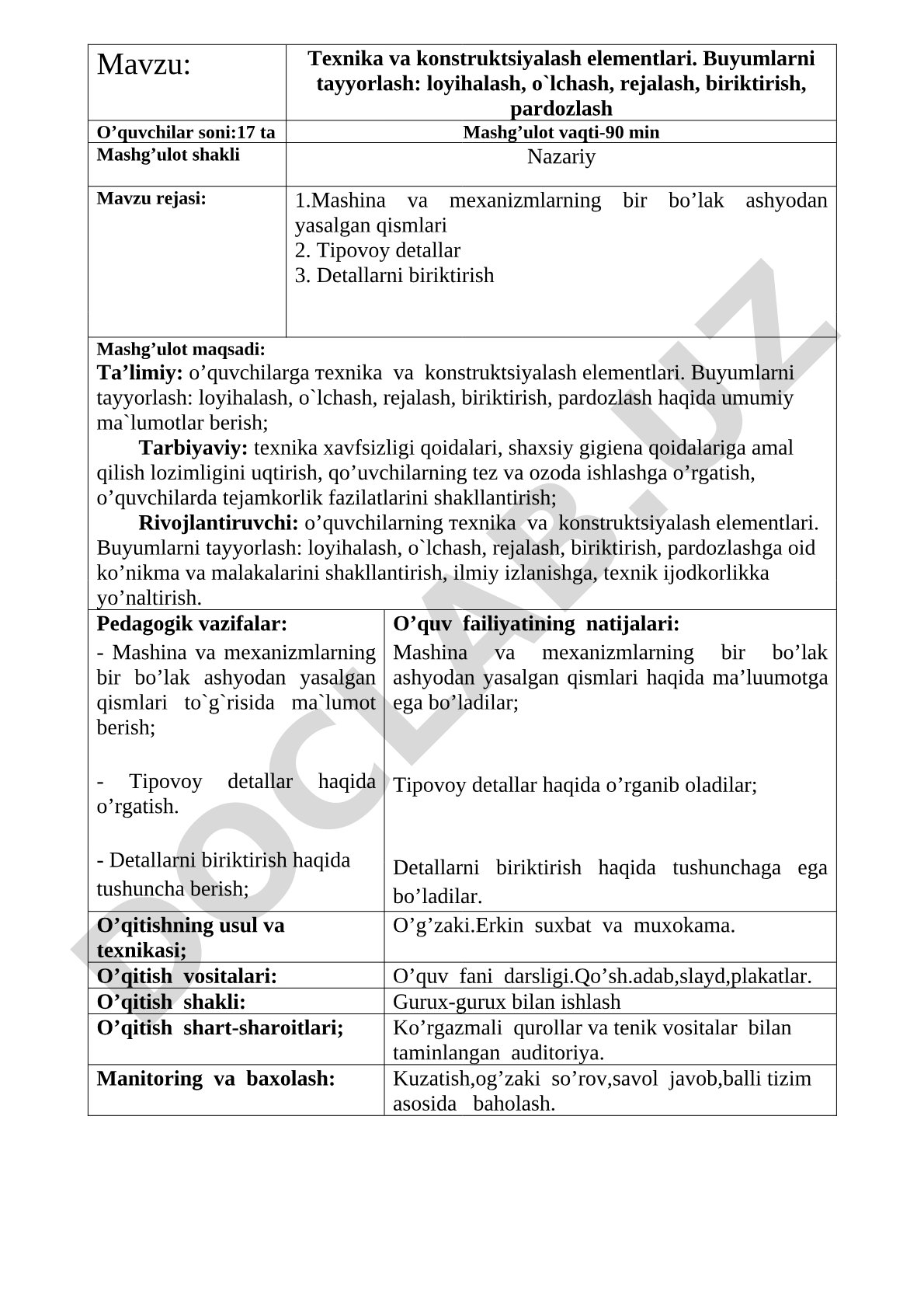 Texnika va konstruktsiyalash elementlari. Buyumlarni tayyorlash: loyihalash, o`lchash, rejalash, biriktirish, pardozlash