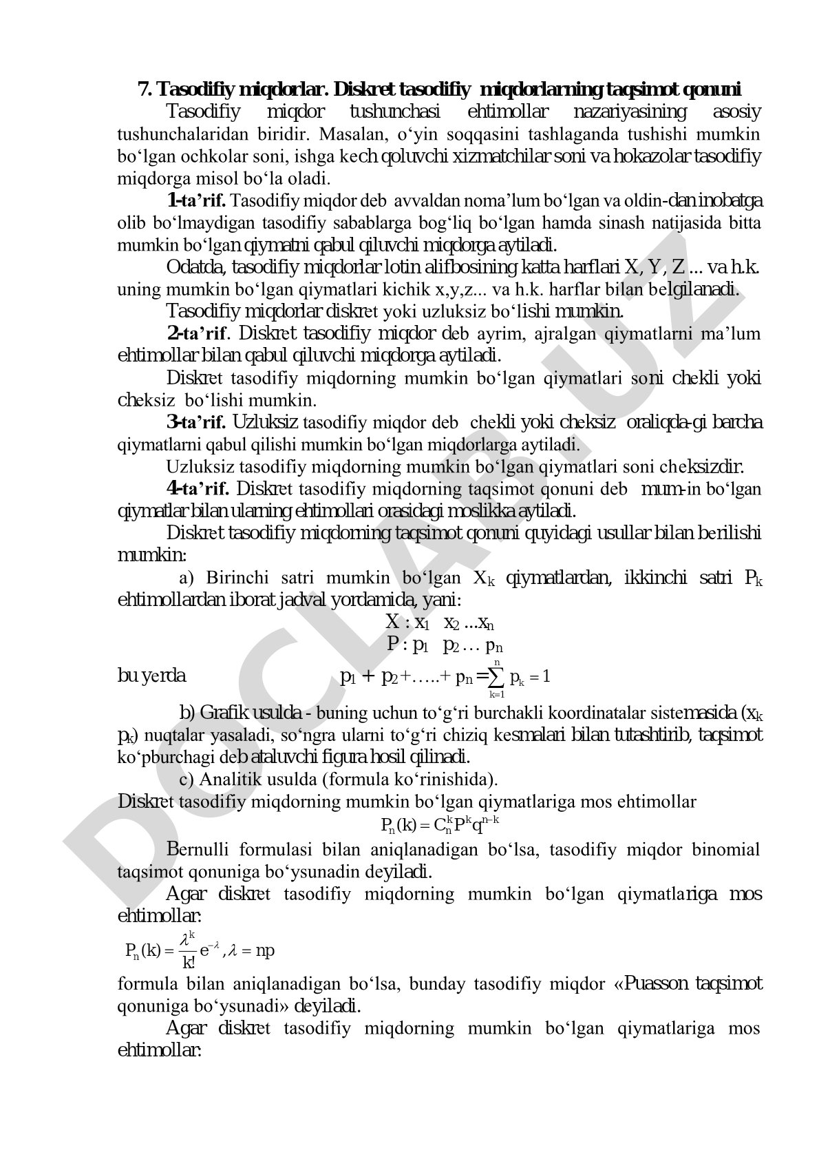 Tasodifiy miqdorlar. Diskret tasodifiy miqdorlarning taqsimot qonuni