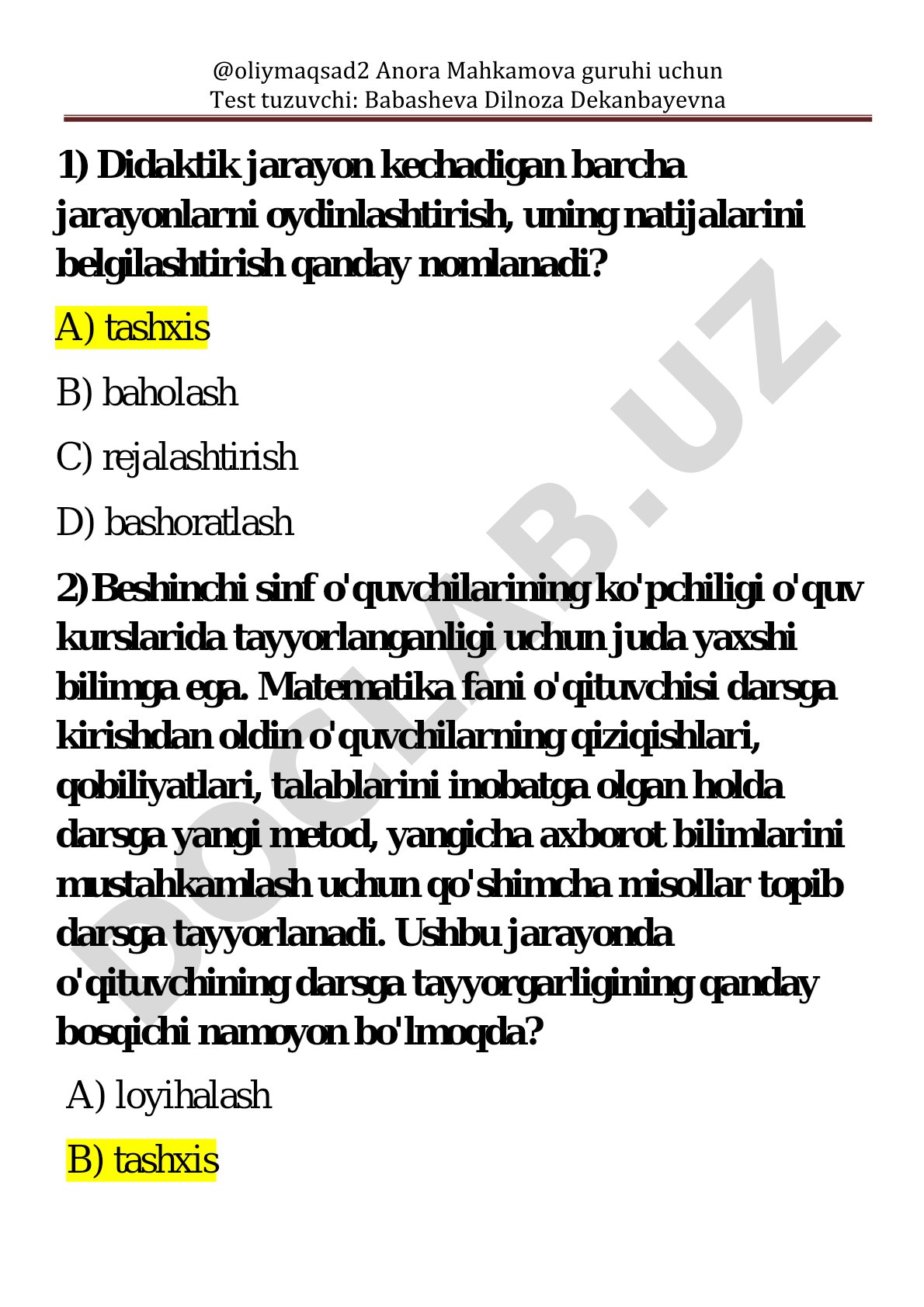 Didaktik jarayon va darsga tayyorgarlik bosqichlari testi