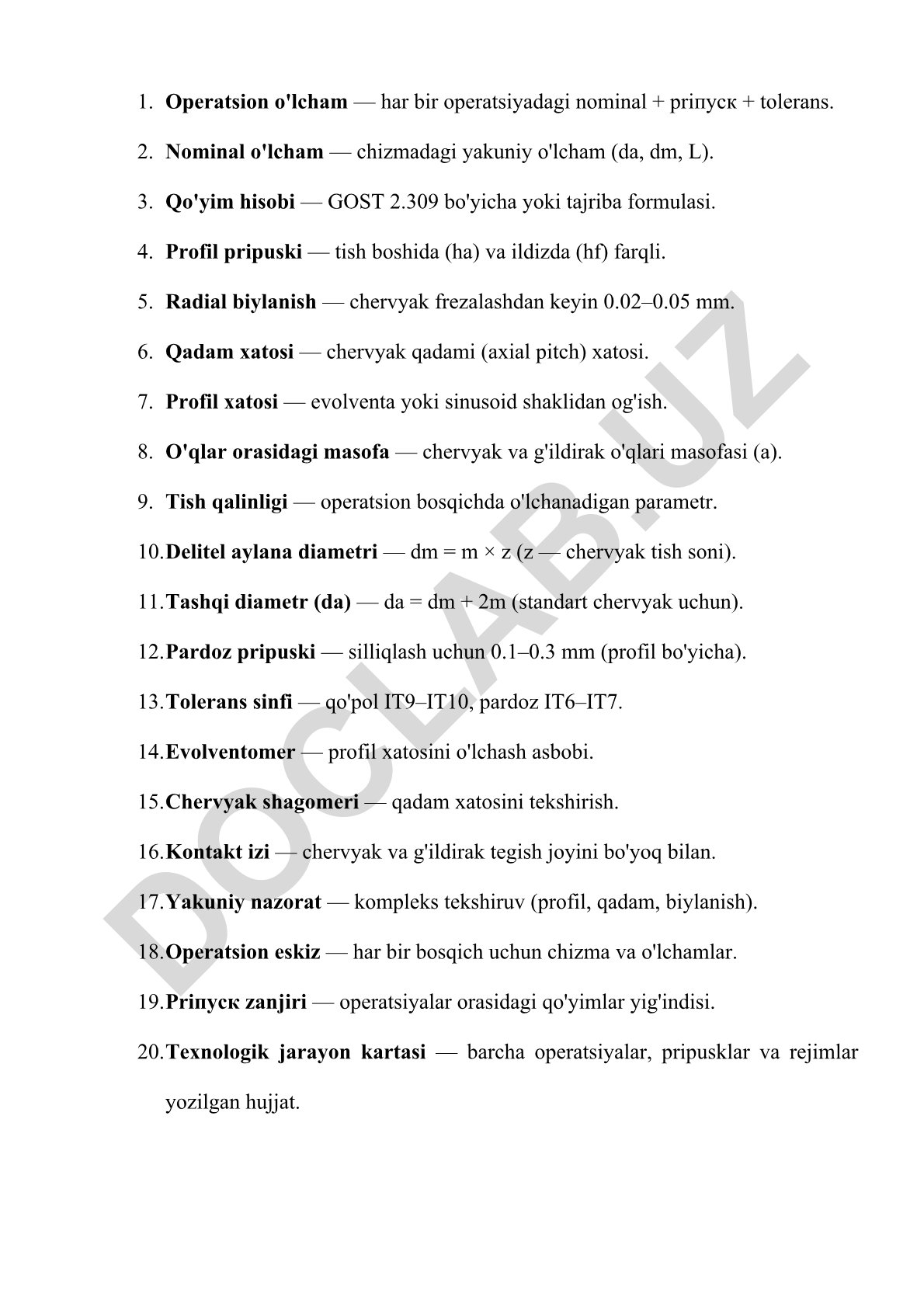 Chervyak g'ildiraklarini ishlab chiqarish texnologiyasi va nazorati