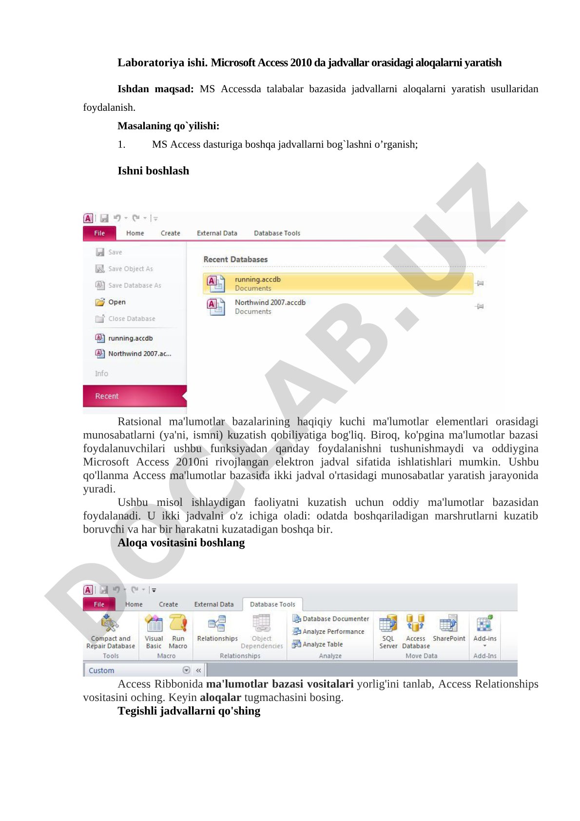 Microsoft Access 2010 da jadvallar orasidagi aloqalarni yaratish