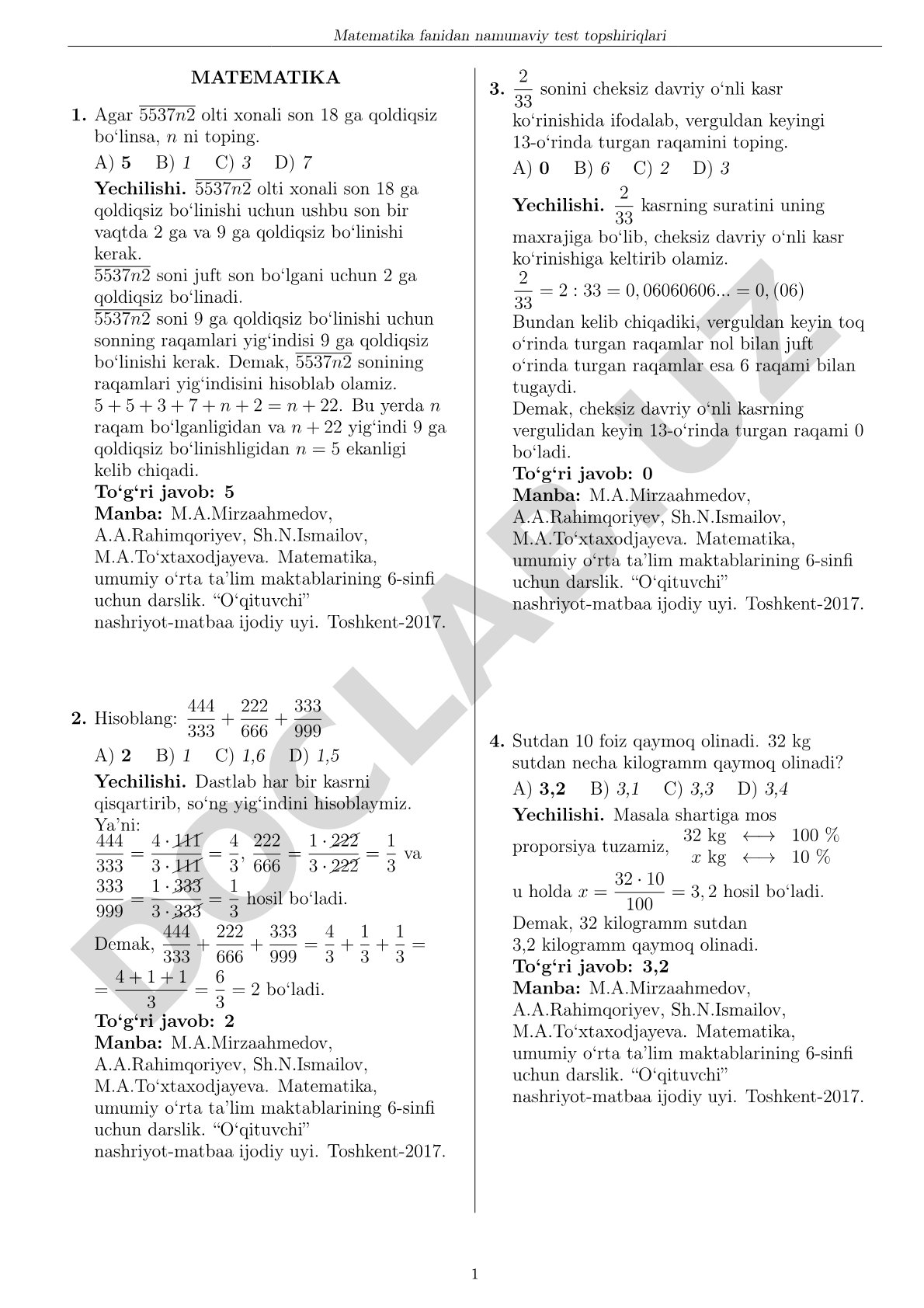 Matematika fanidan namunaviy test topshiriqlari