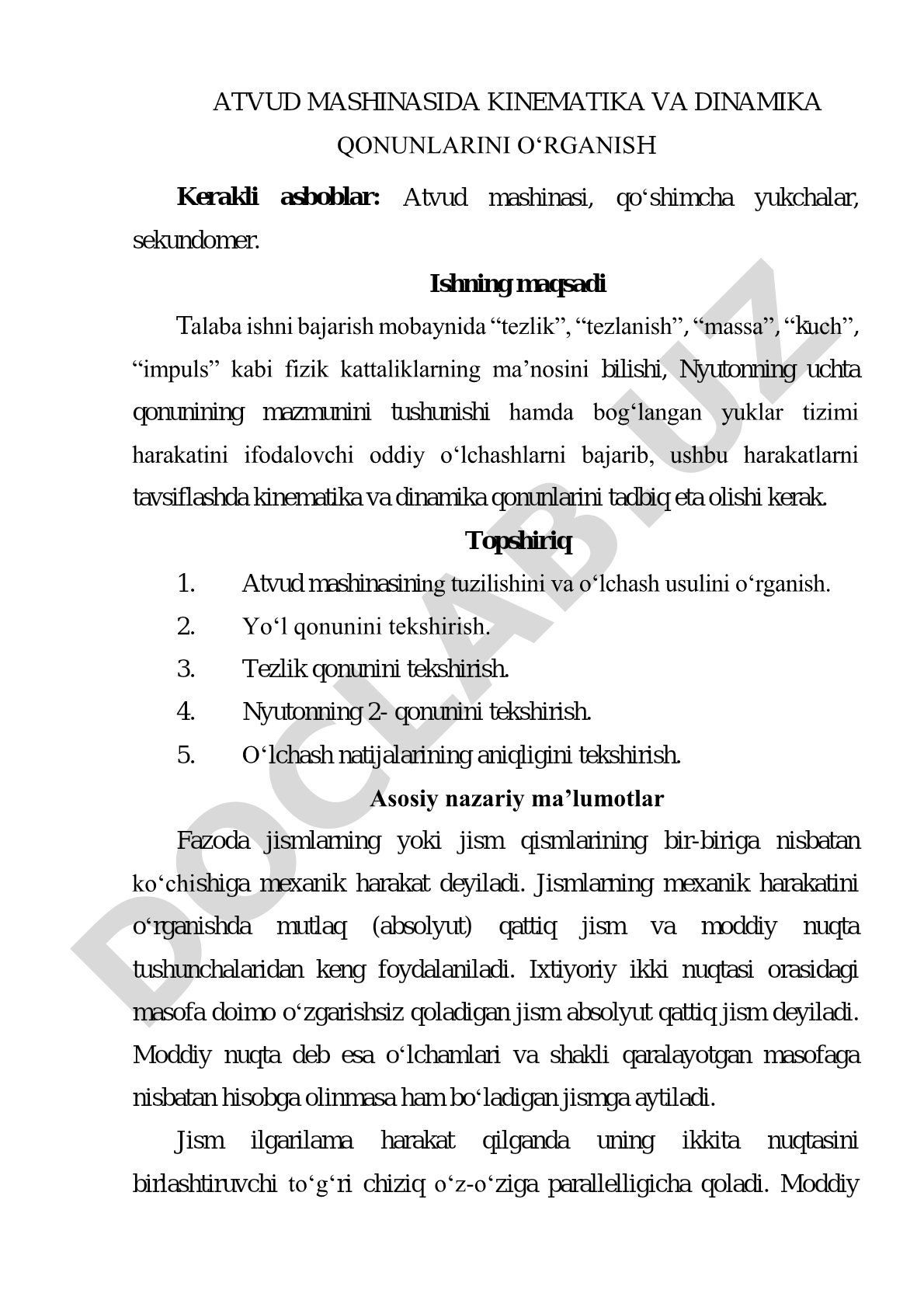 Atvud mashinasida kinematika va dinamika qonunlarini o‘rganish