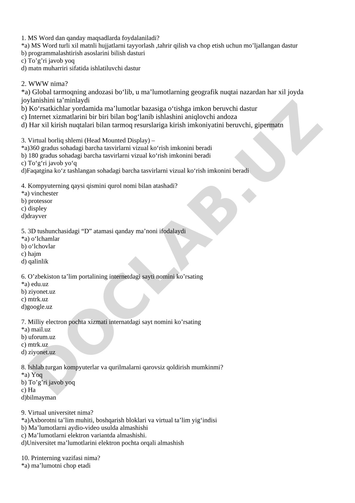 Kompyuter texnologiyalari va internetga oid test savollari