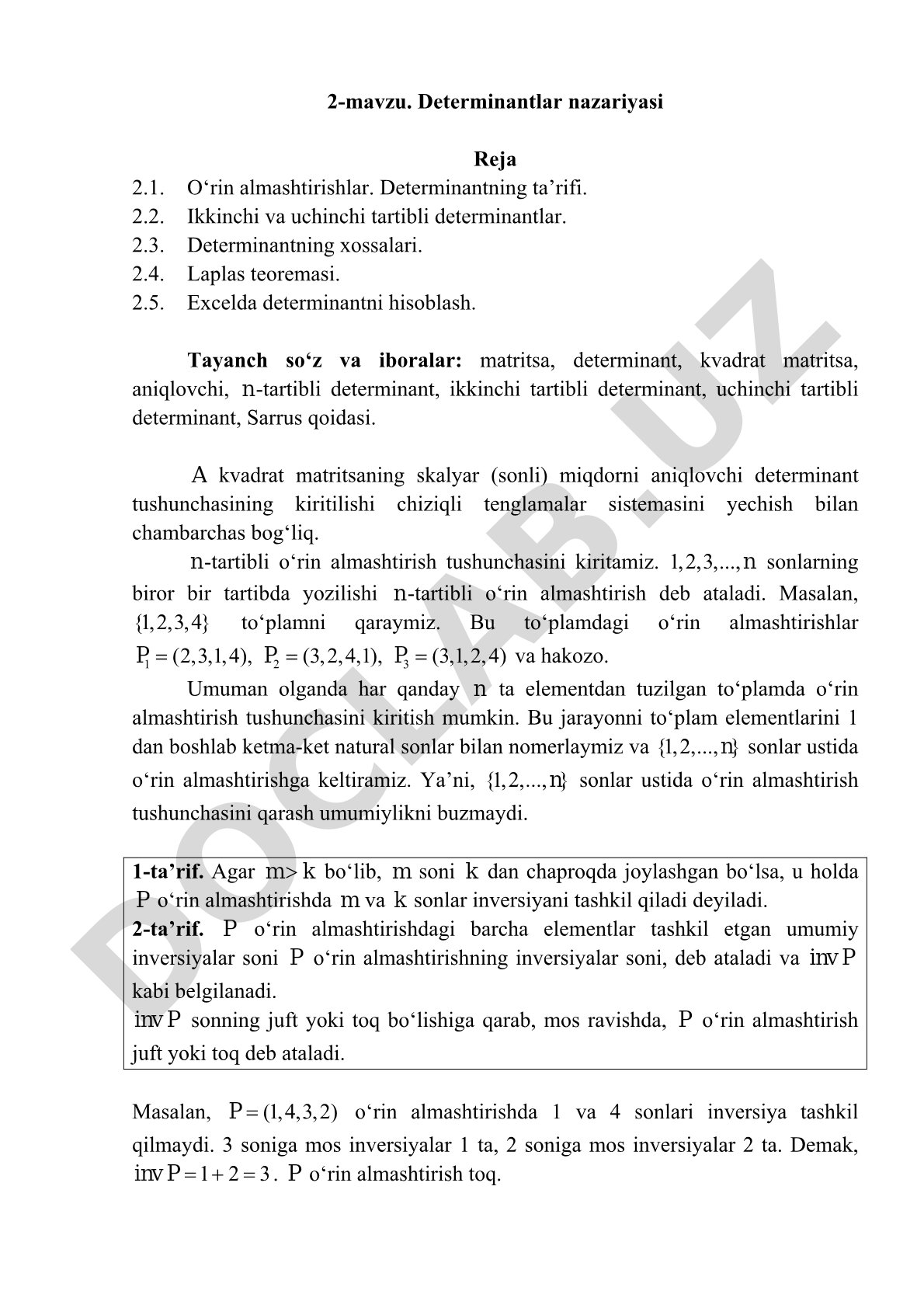 Determinantlar ta'rifi, xossalari, Laplas teoremasi va Excelda hisoblash usullari