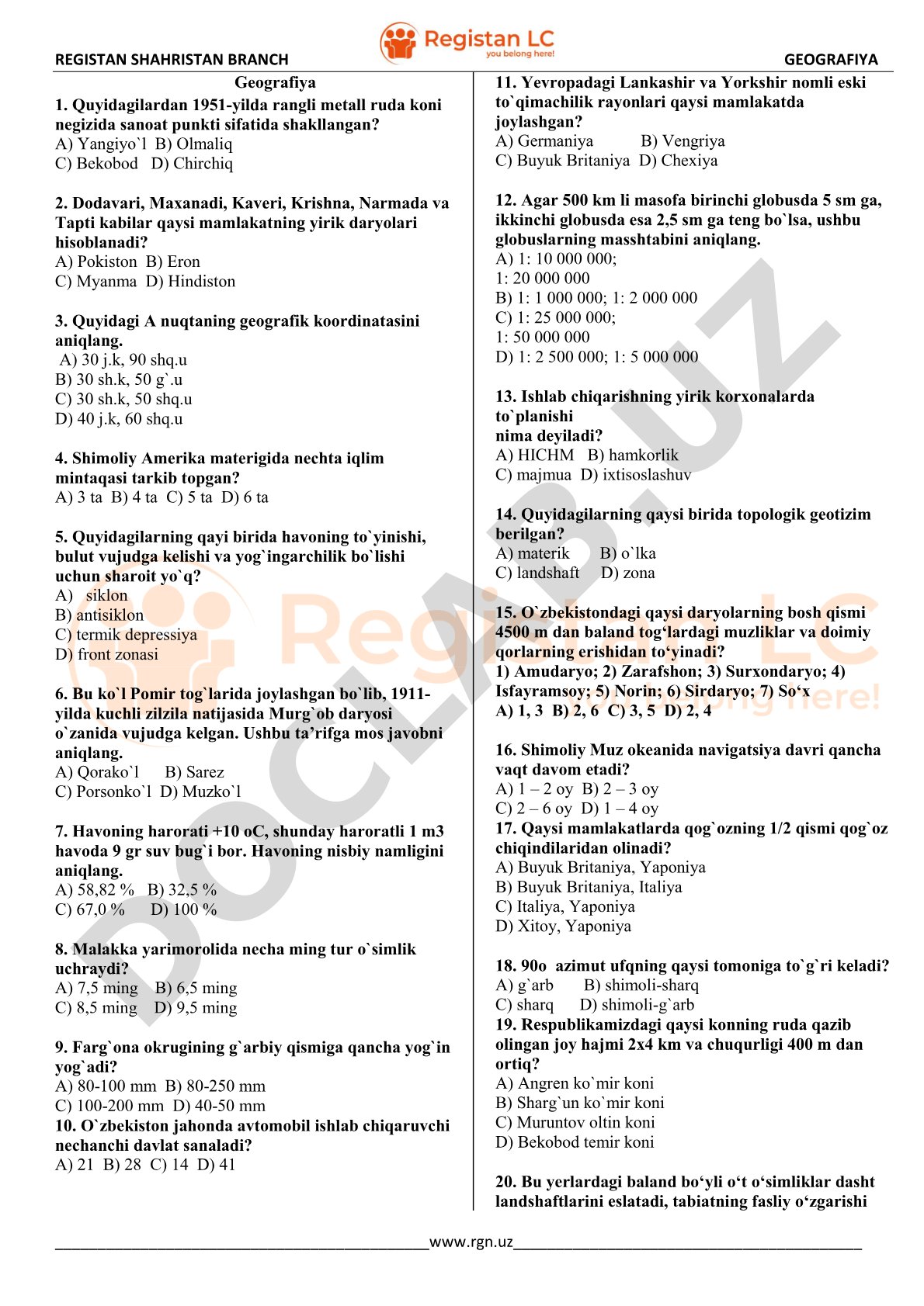 Geografiya test savollari