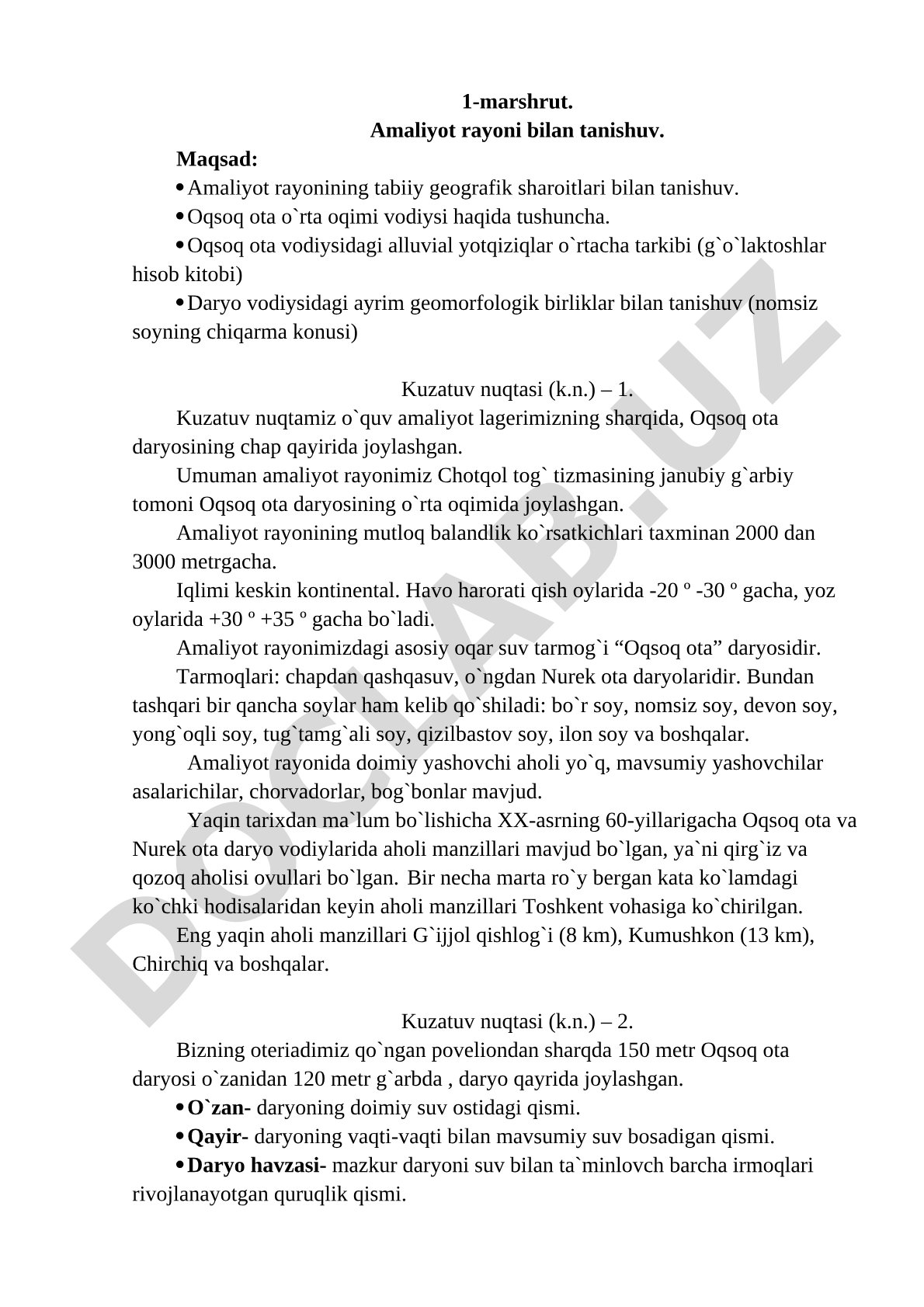1-marshrut. Amaliyot rayoni bilan tanishuv