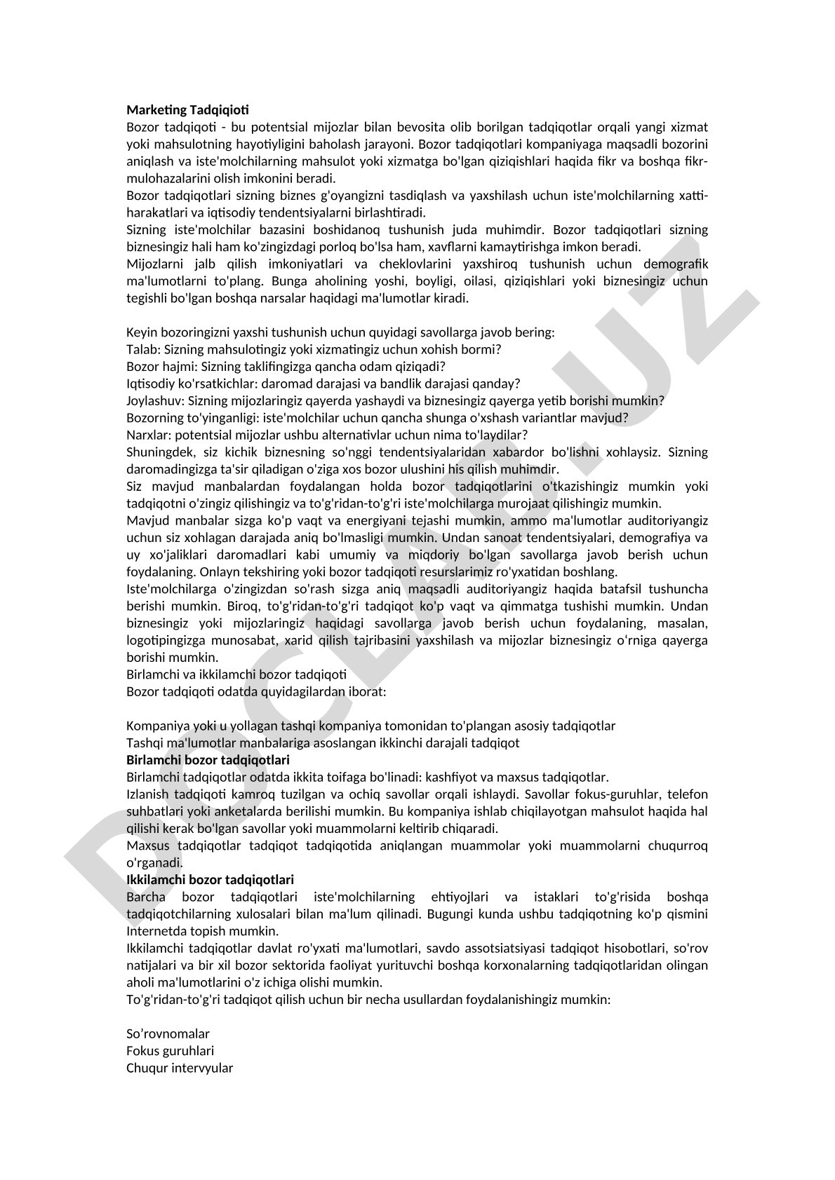 Marketing tadqiqoti bozor tadqiqoti jarayoni