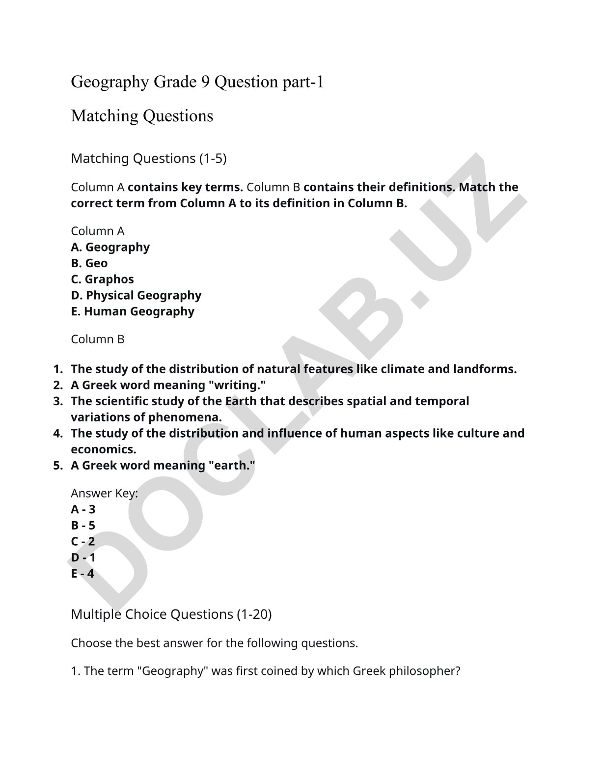 Geography Grade 9 Matching and Multiple Choice Questions