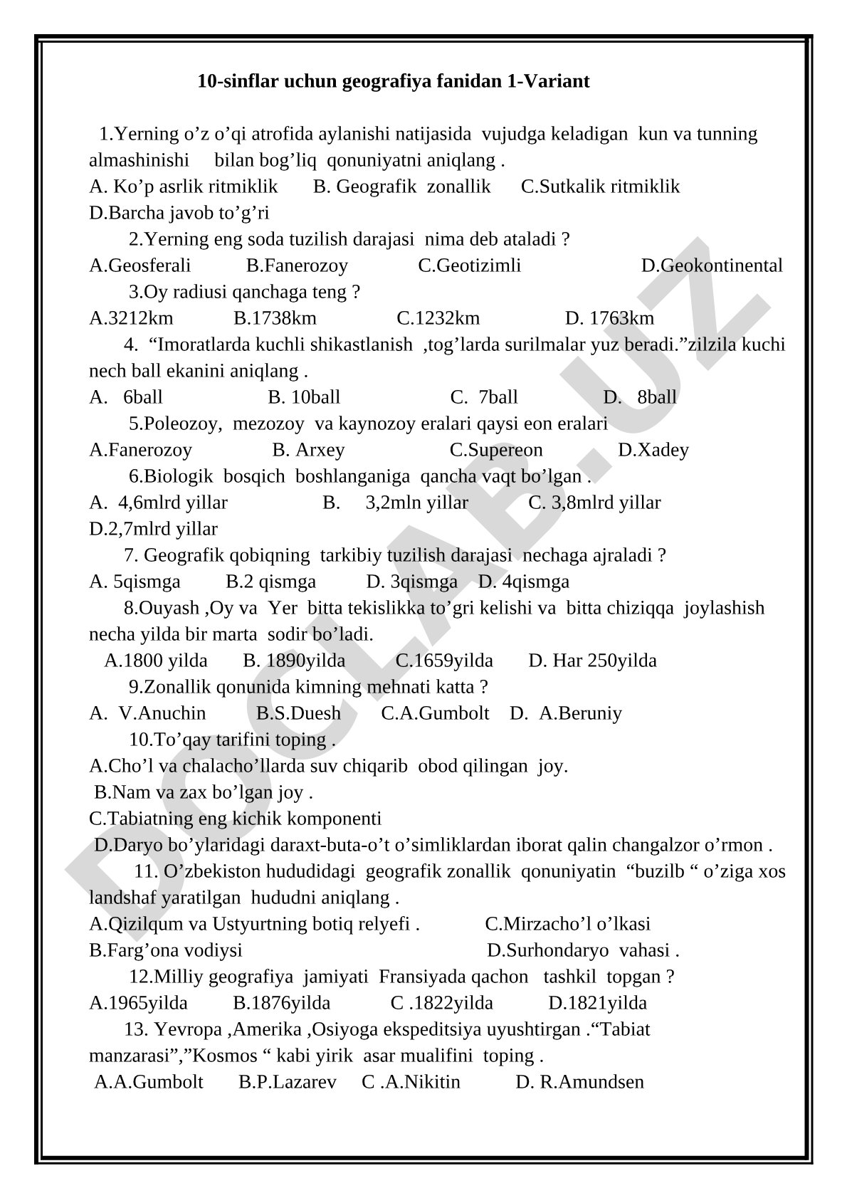10-sinflar uchun geografiya fanidan 1-Variant