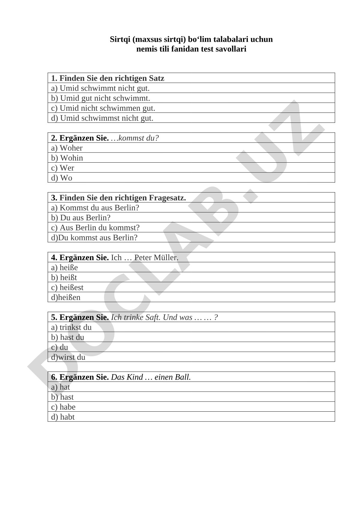 Sirtqi (maxsus sirtqi) bo‘lim talabalari uchun nemis tili fanidan test savollari