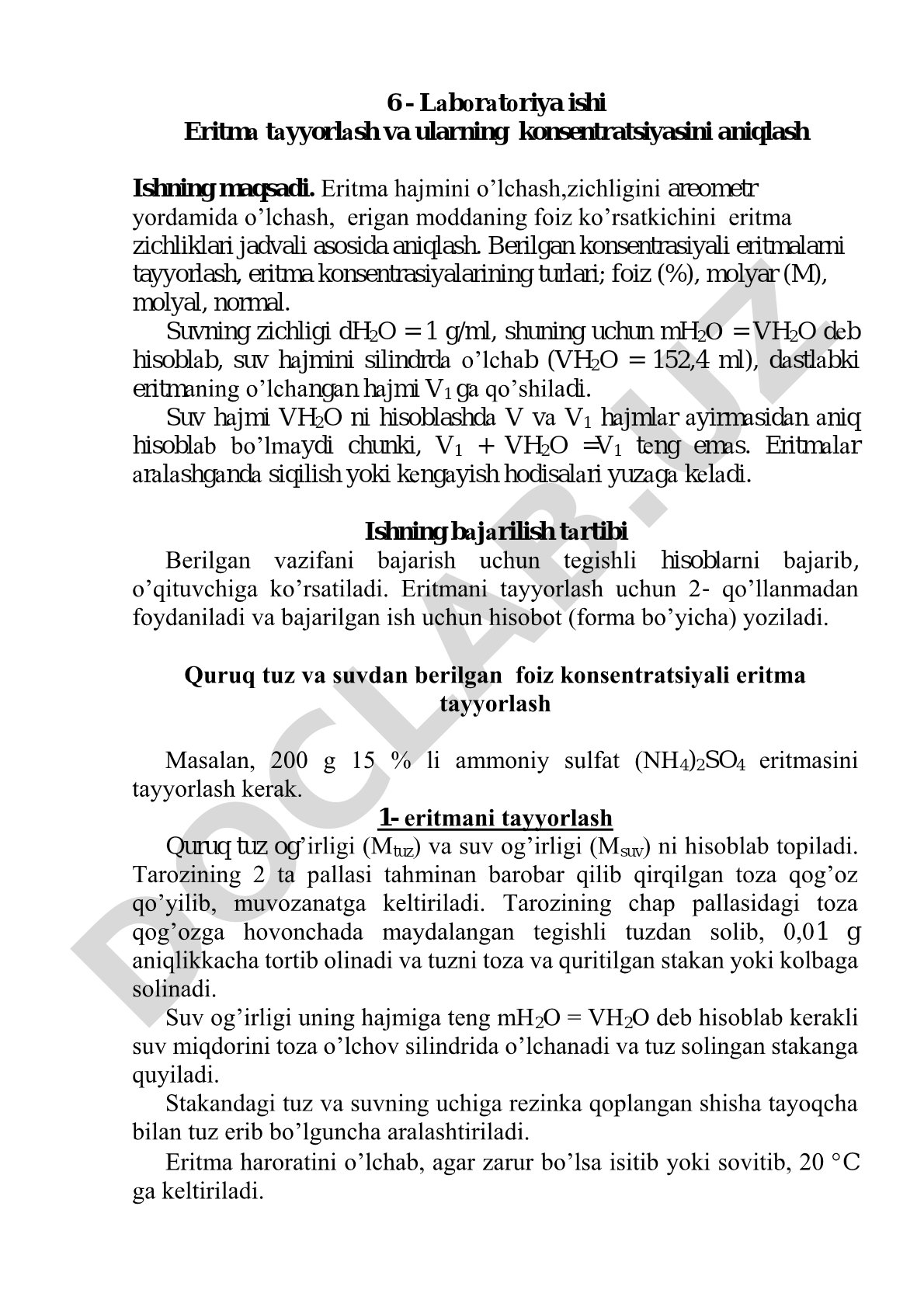 Eritma tayyorlash va ularning konsentratsiyasini aniqlash