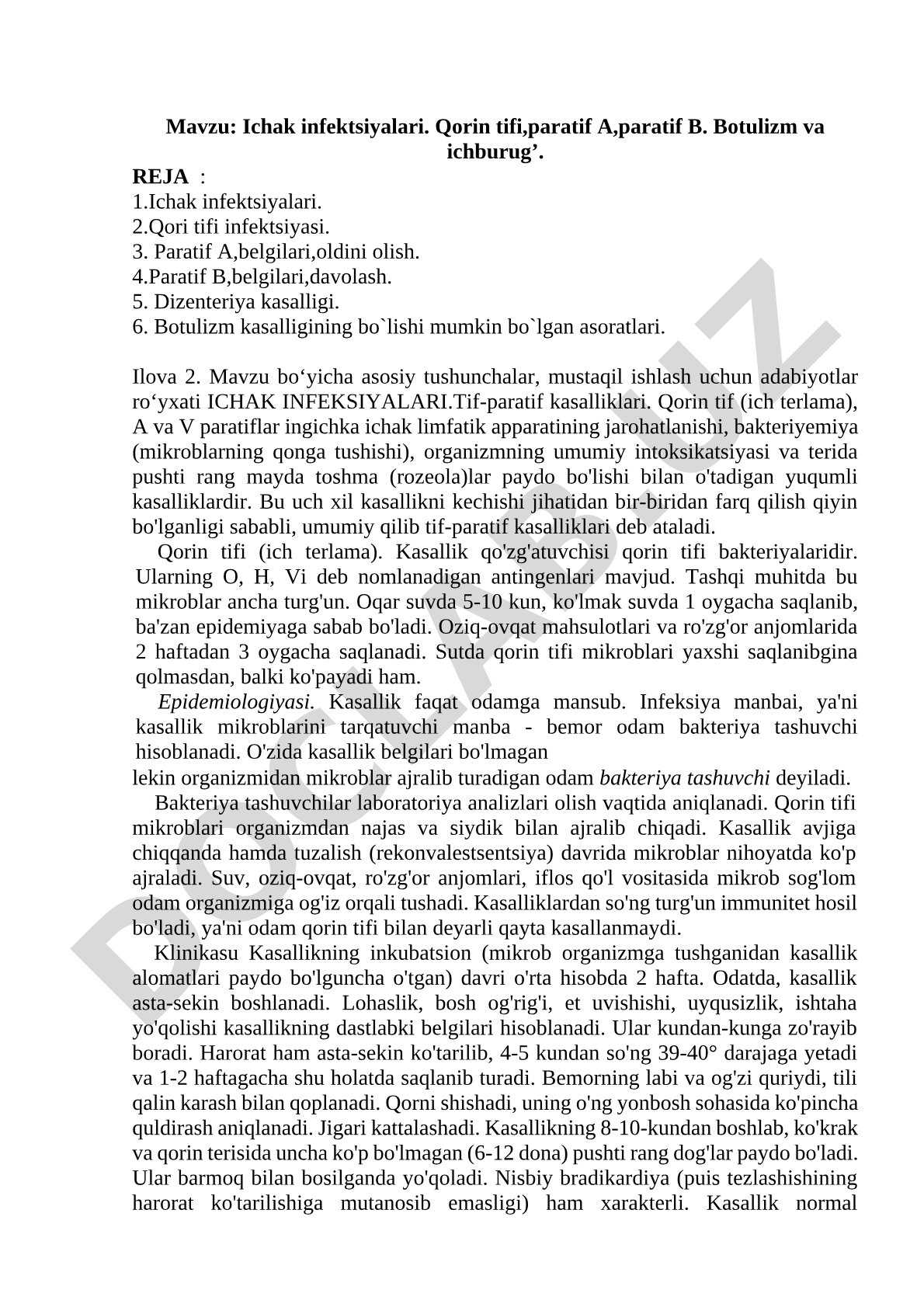 Ichak infektsiyalari. Qorin tifi, paratif A, paratif B. Botulizm va ichburug'