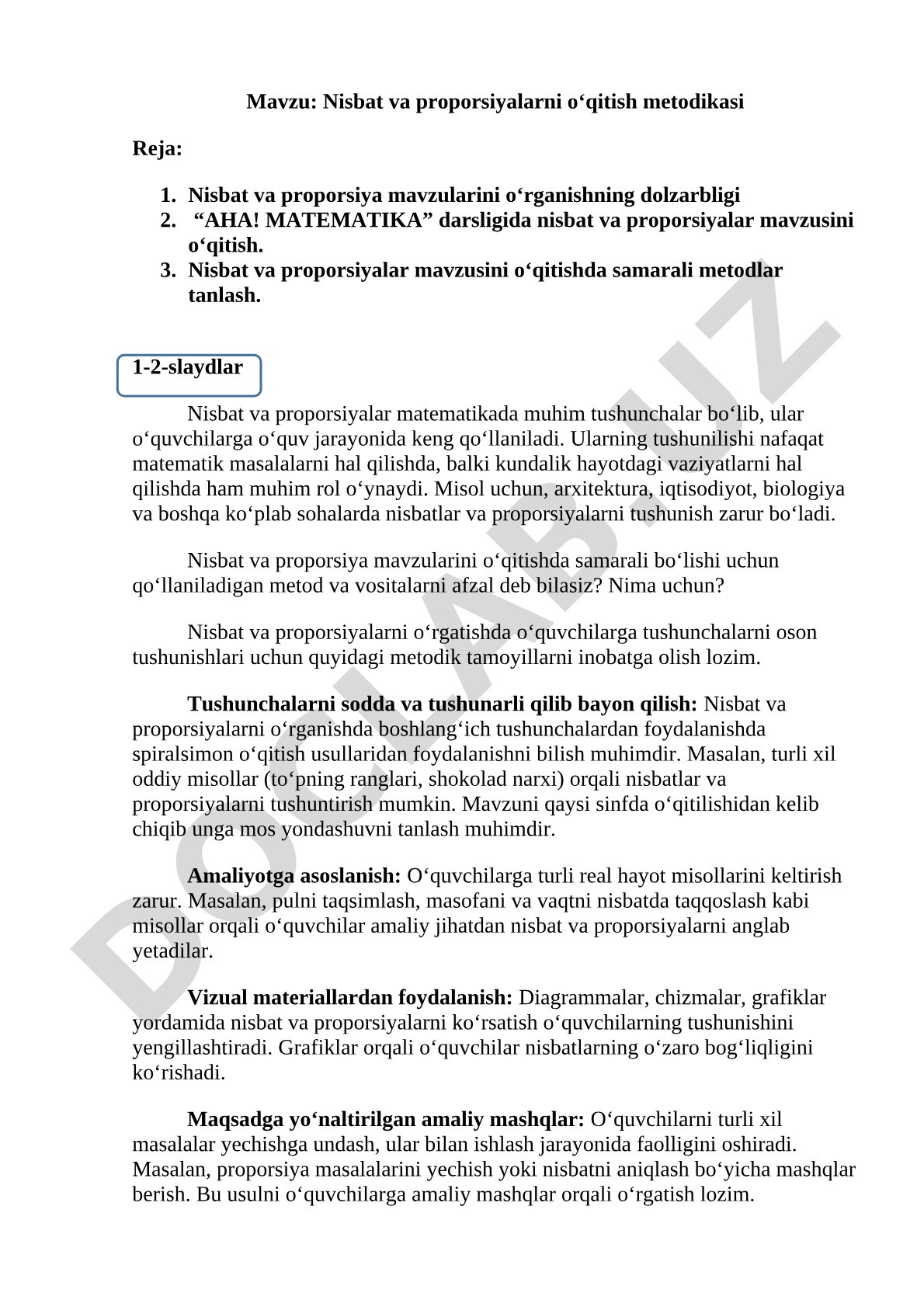 Nisbat va proporsiyalarni o‘qitish metodikasi