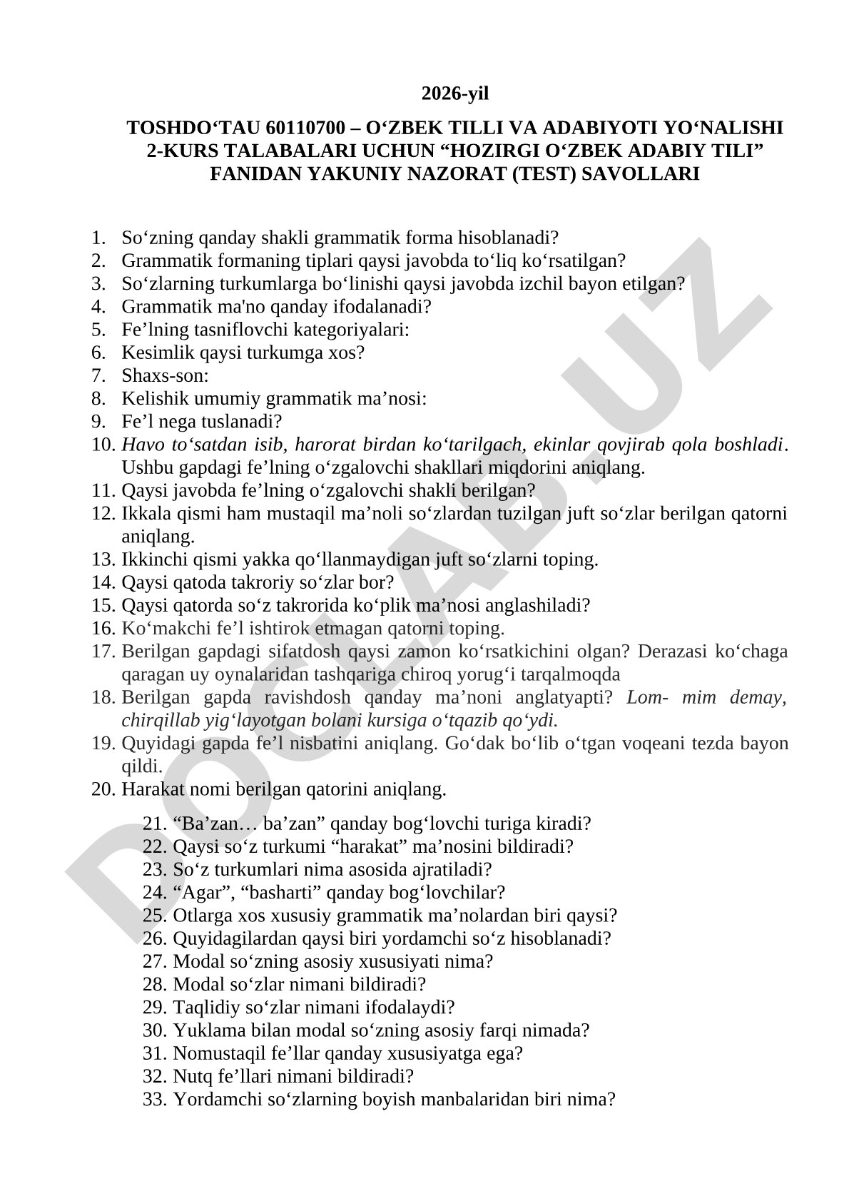 Hozirgi o'zbek adabiy tili fanidan yakuniy nazorat test savollari