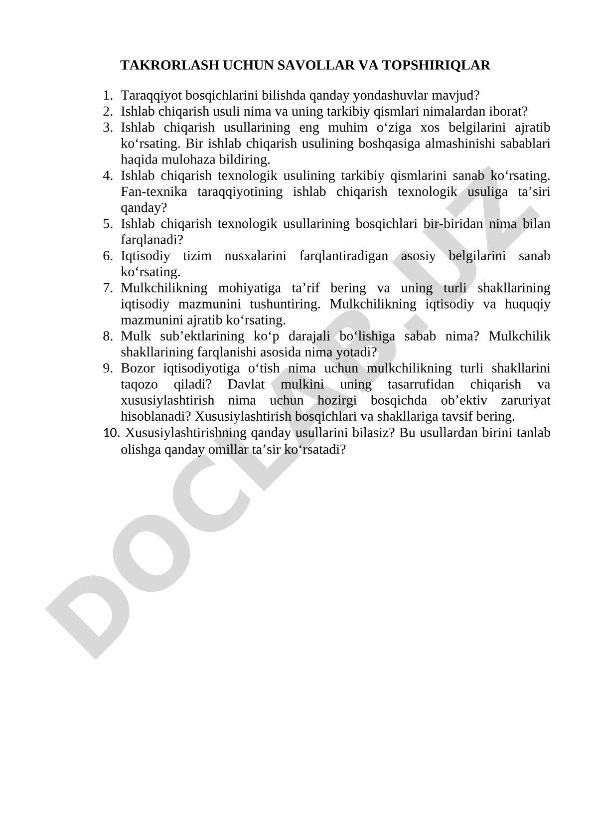 Takrorlash uchun savollar va topshiriqlar