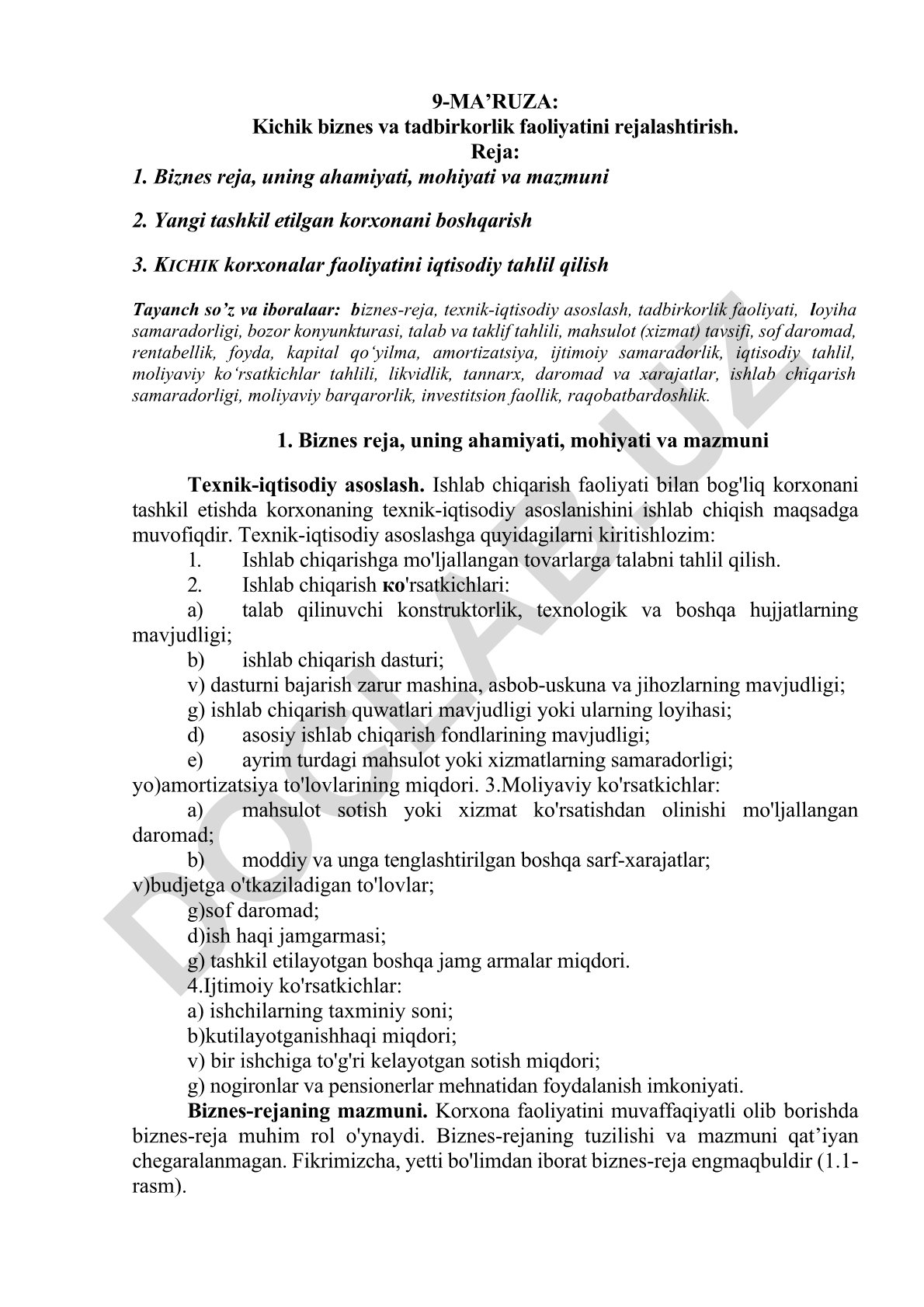 Kichik biznes va tadbirkorlik faoliyatini rejalashtirish